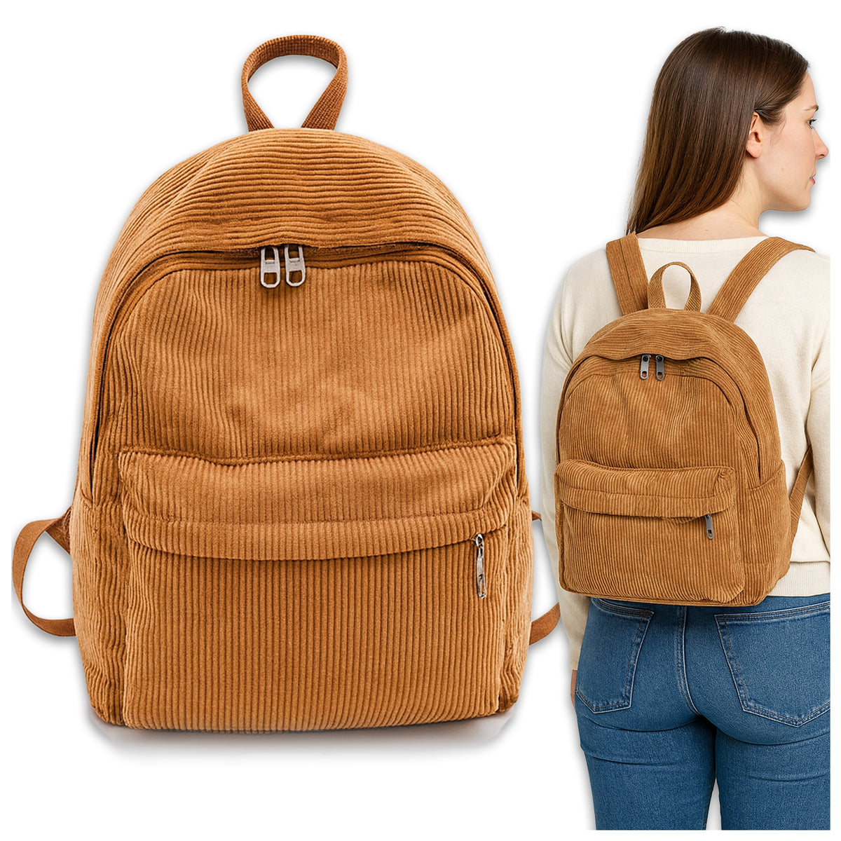WOMEN'S CORDUROY BACKPACK SMALL ELEGANT URBAN BROWN LUGGAGE