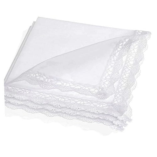 WOMEN'S FABRIC HANDKERCHIEFS LACE WHITE VINTAGE 3 PCS FOR WEDDING