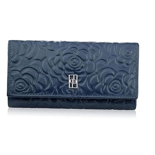 WOMEN'S LEATHER WALLET LARGE FLORAL NAVY BLUE FOR WOMEN