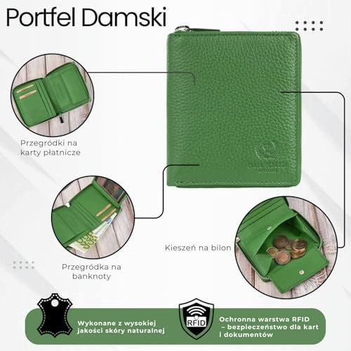 WOMEN'S LEATHER ZIPPER WALLET GREEN RFID PROTECTION FOR HER WOMEN Manufacturer code Bez marki