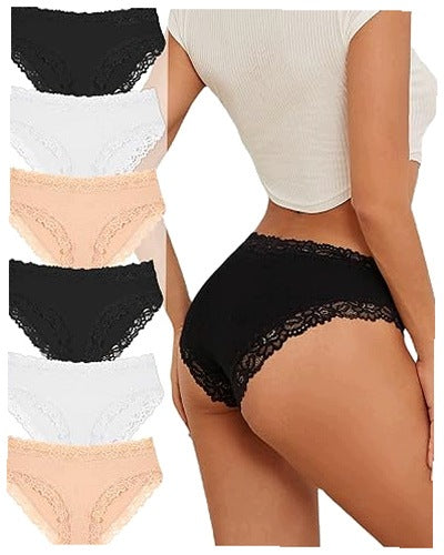WOMEN'S PANTIES COTTON LACE BRAZILIAN HIPSTER 6 PIECES COTTON