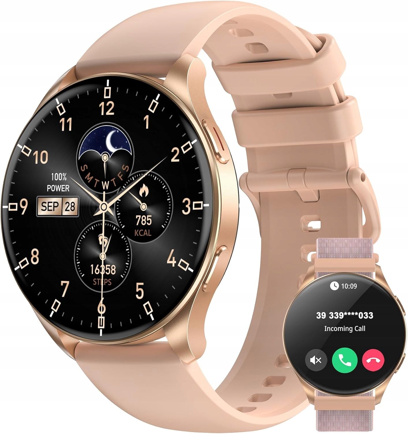 WOMEN'S SMARTWATCH 1.43" AMOLED GOLD WATERPROOF CALLING SMS SPORTS 2 STRAP