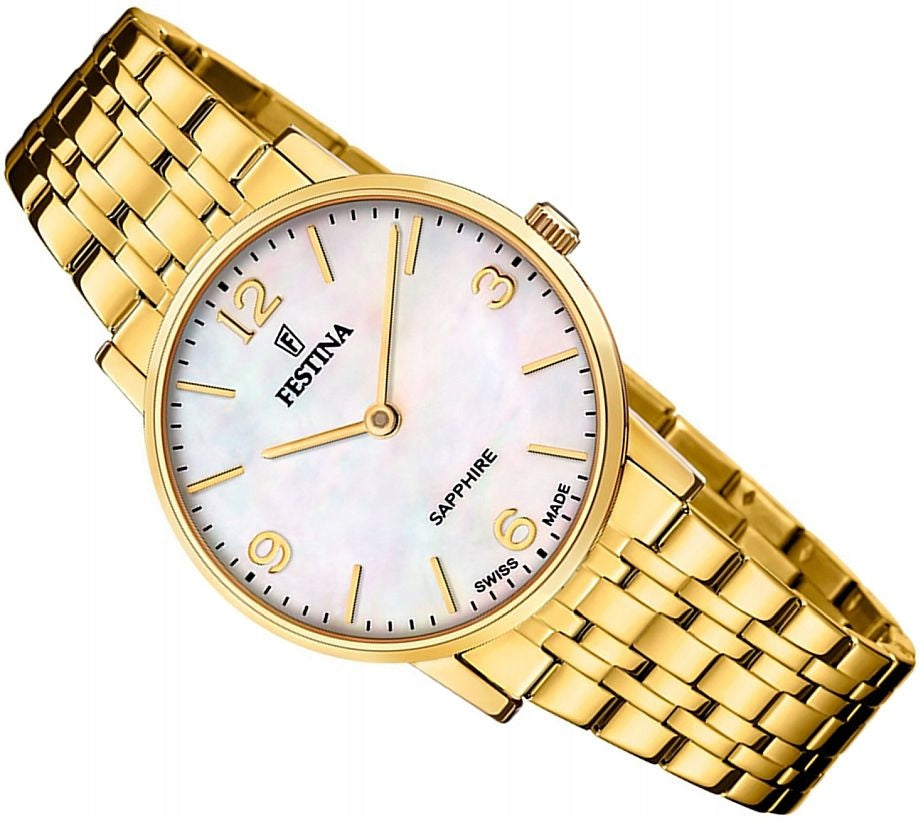 WOMEN'S WATCH FESTINA F20048/2 SWISS MADE FASHIONABLE SILVER GOLD SAPPHIRE SET