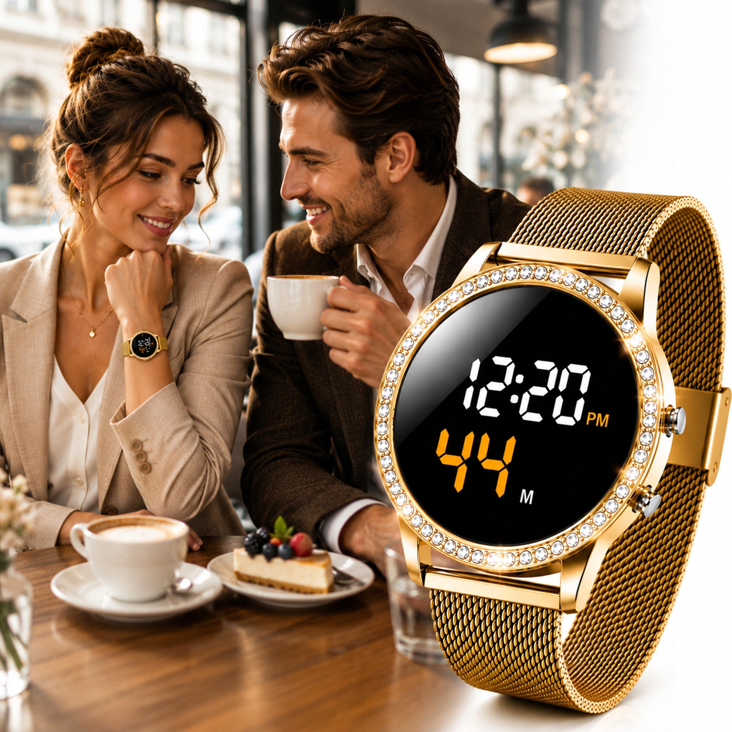 WOMEN'S WATCH LED GOLD ELECTRONIC MAGNETIC BRACELET MESH RHINESTONES Packaging status original