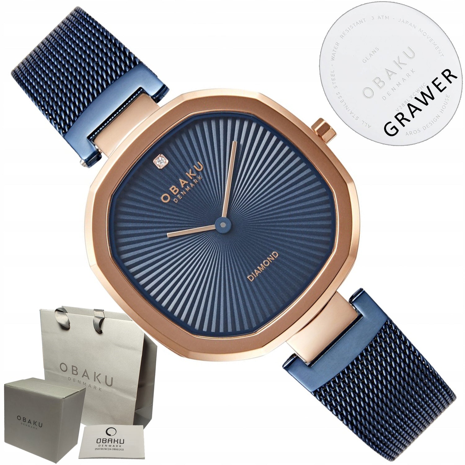 WOMEN'S WATCH Obaku Denmark Blue with Diamond MESH ULTRA THIN+ENGRAVING