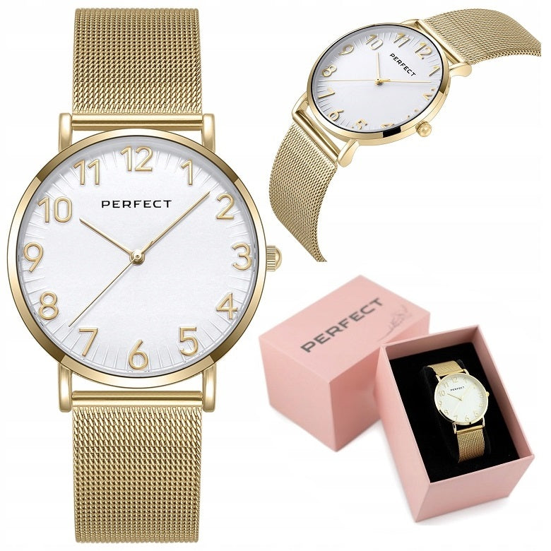 WOMEN'S WATCH PERFECT ZEFRA +BOX +ENGRAVING NUMBERS mesh bracelet gold