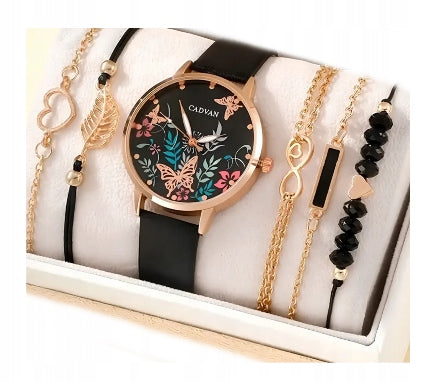 WOMEN'S WATCH WITH STRAP BLACK + BUTTERFLY BRACELETS 1665