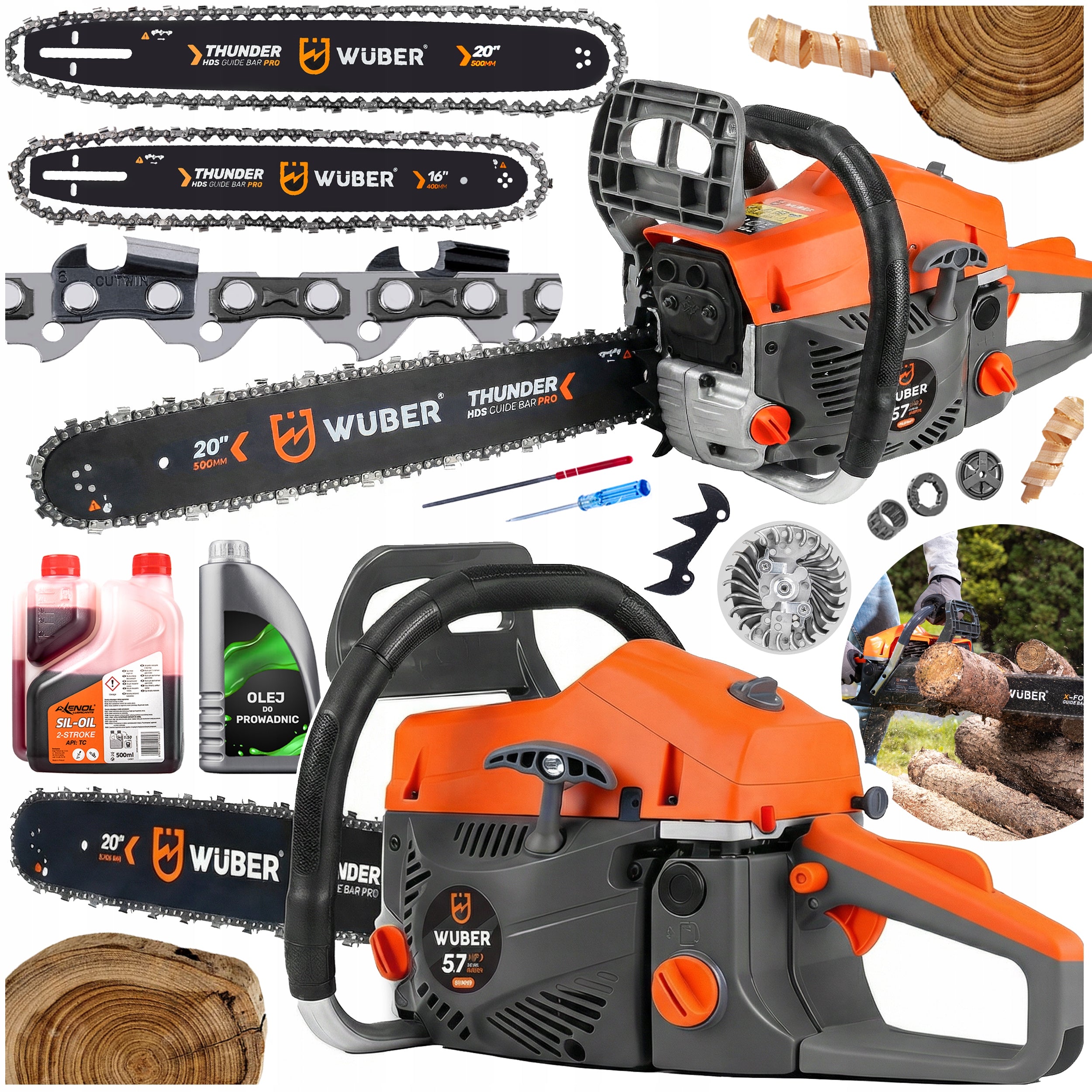 WOOD CHAINSAW 5,7KM +2 LEADS + OIL +2x CHAIN.