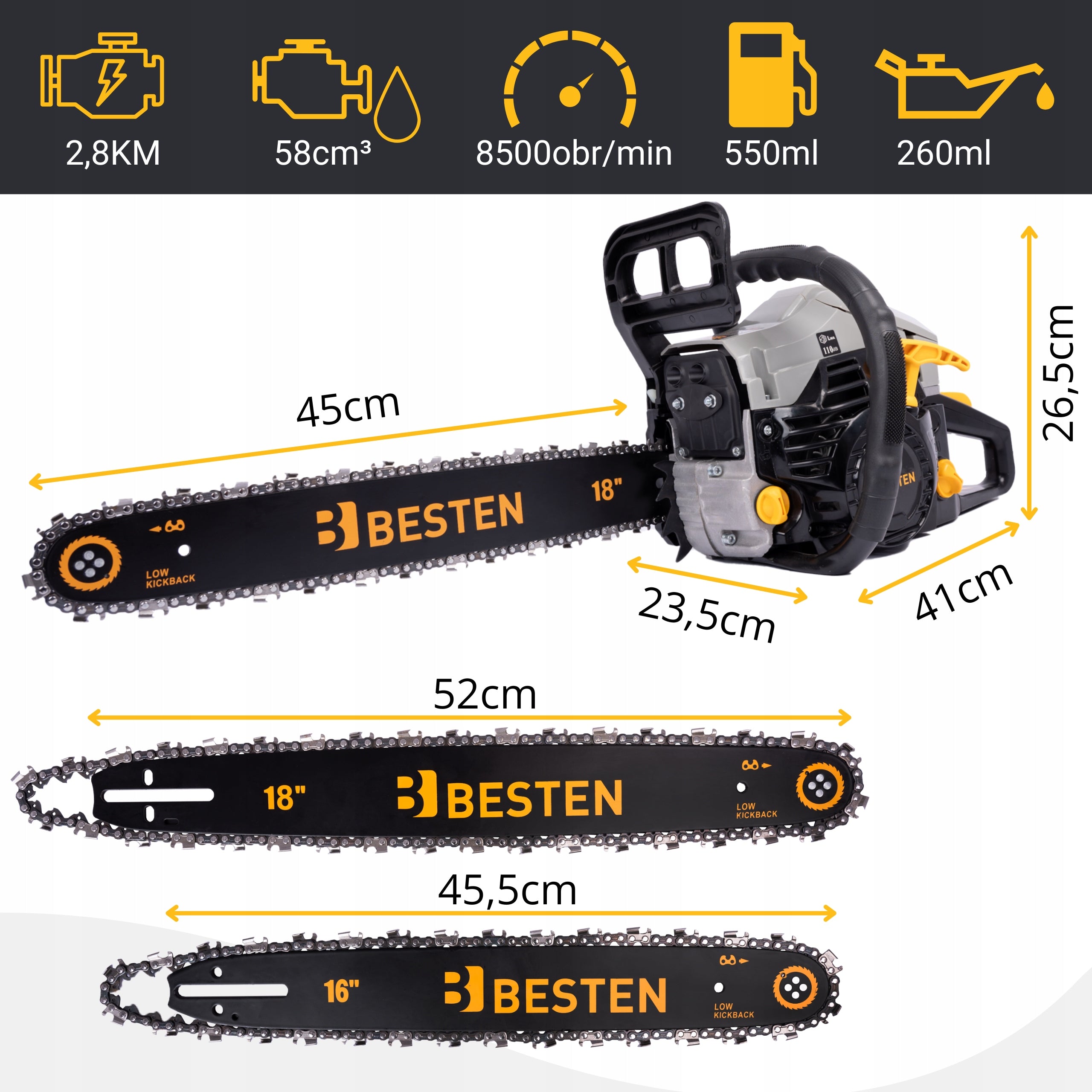 WOOD CHAINSAW 58CC 2xCHAIN 2xCHAIN OIL Brand BESTEN