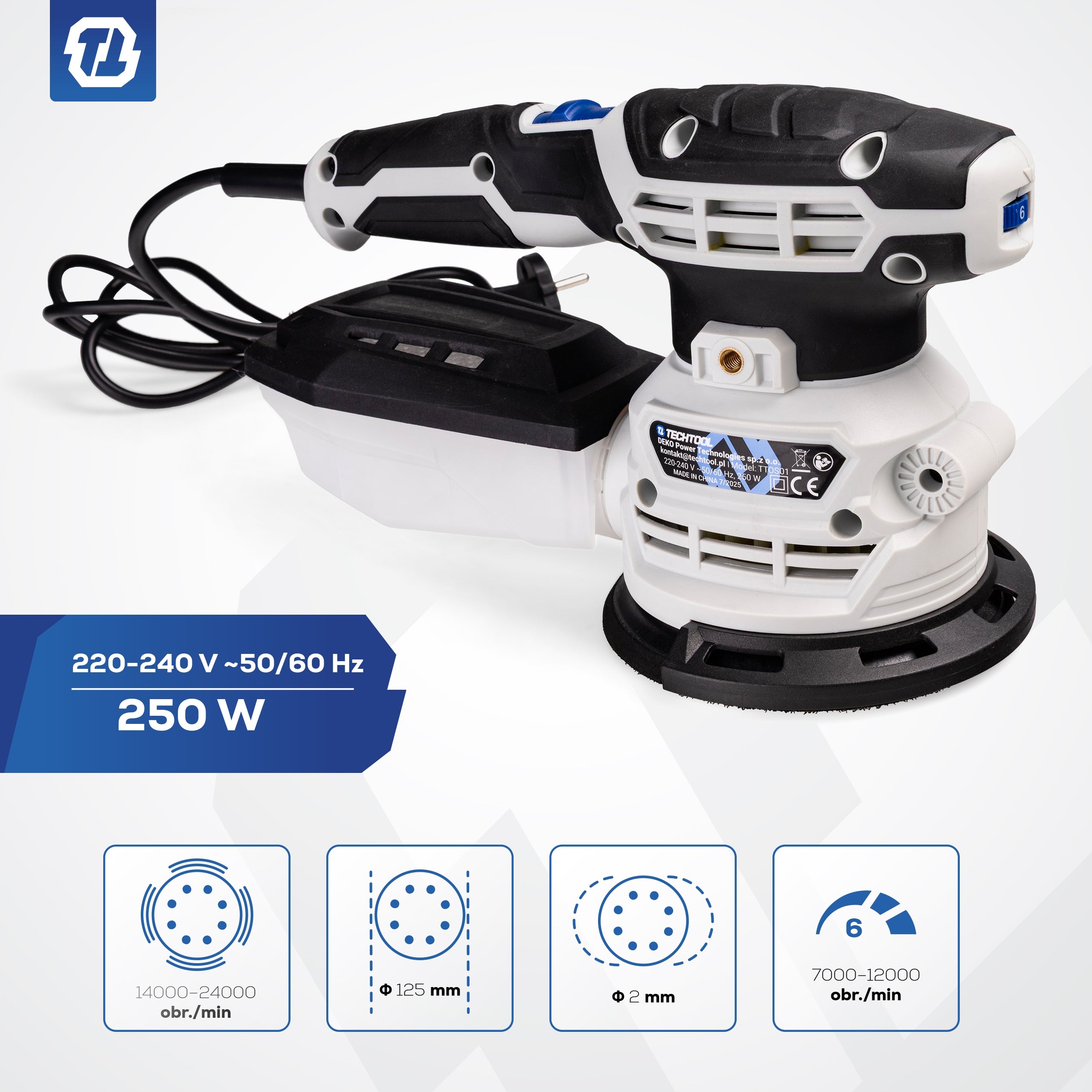 WOOD ECCENTRIC OSCILLATING GRINDER 125MM + SANDPAPERS 10 PCS Manufacturer code TTOS01