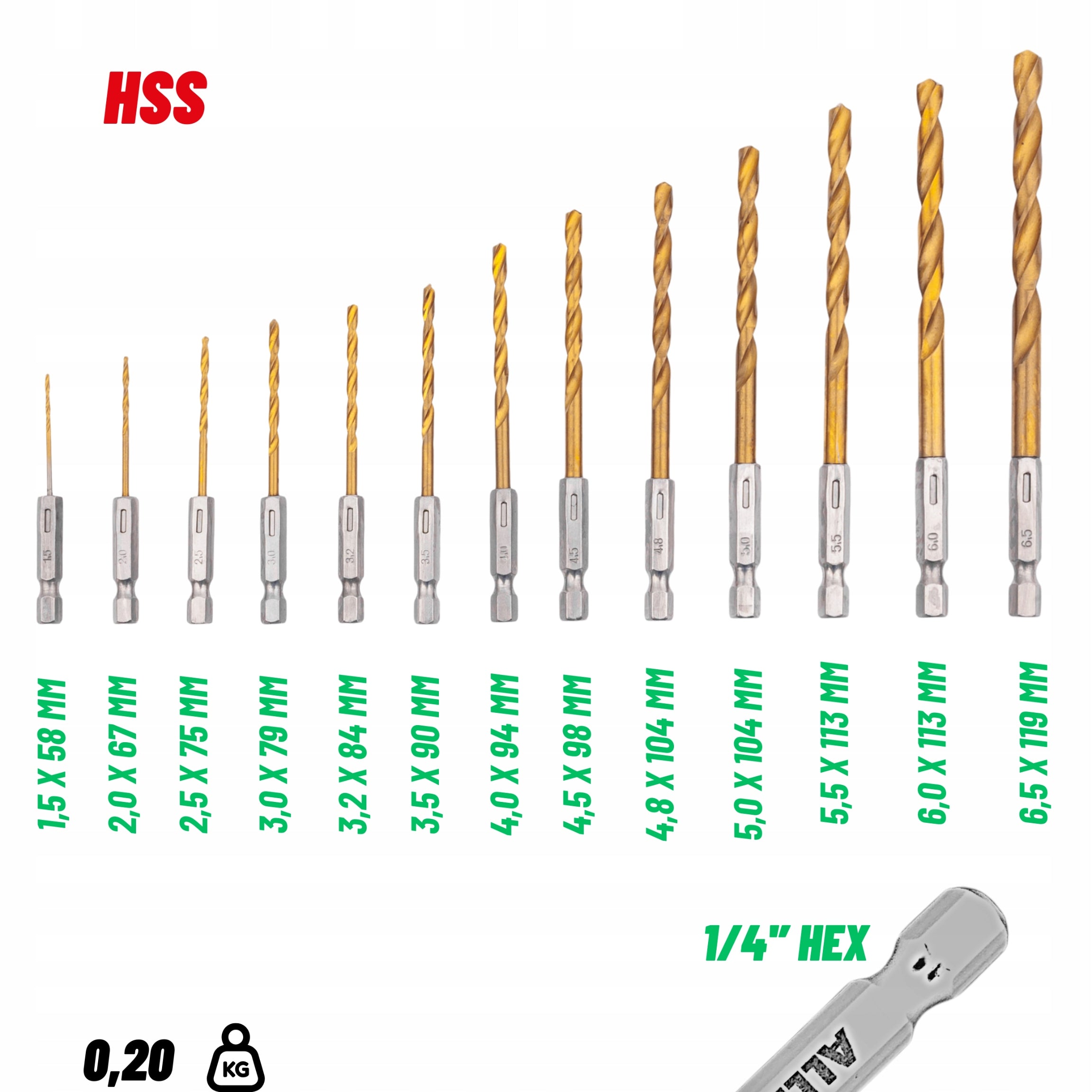 WOOD STEEL METAL DRILL BIT SET HSS TITANIUM HEX HANDLE 13PCS Packaging status original