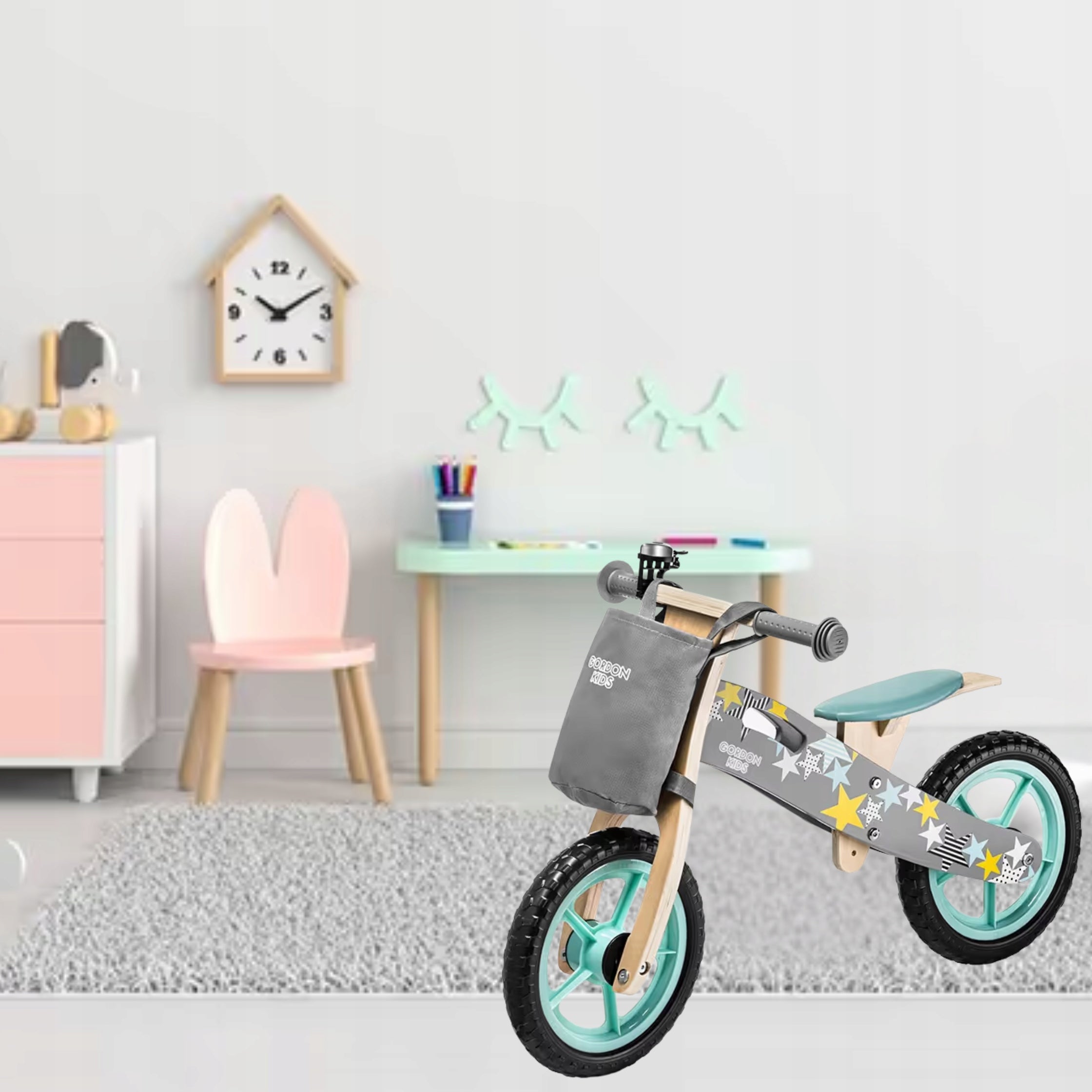 WOODEN BALANCE BIKE 12" BOY GREY EVA WHEELS + BAG + BELL Kid's age 18+ months