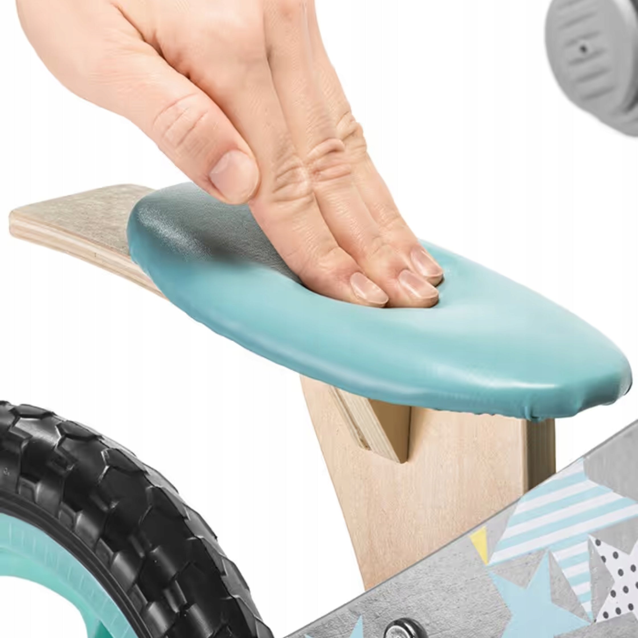 WOODEN BALANCE BIKE 12" BOY GREY EVA WHEELS + BAG + BELL Manufacturer code ROWEREK dla dzieci 1+ LAT SZARO-NIEB. ZESTAW