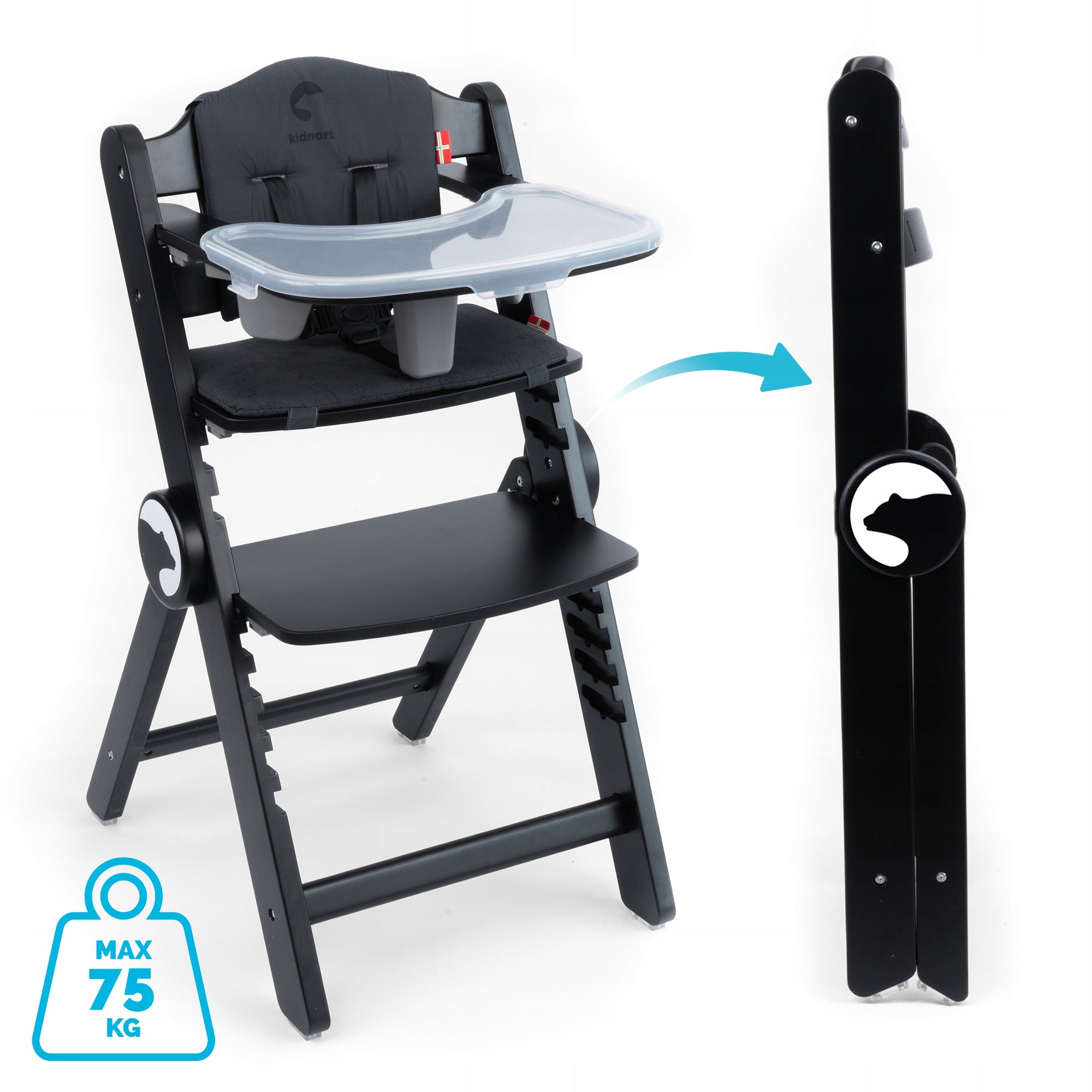 WOODEN FEEDING CHAIR 3in1 DRÖMMER UNIQUE BLACK WITH TRAY AND STRAPS