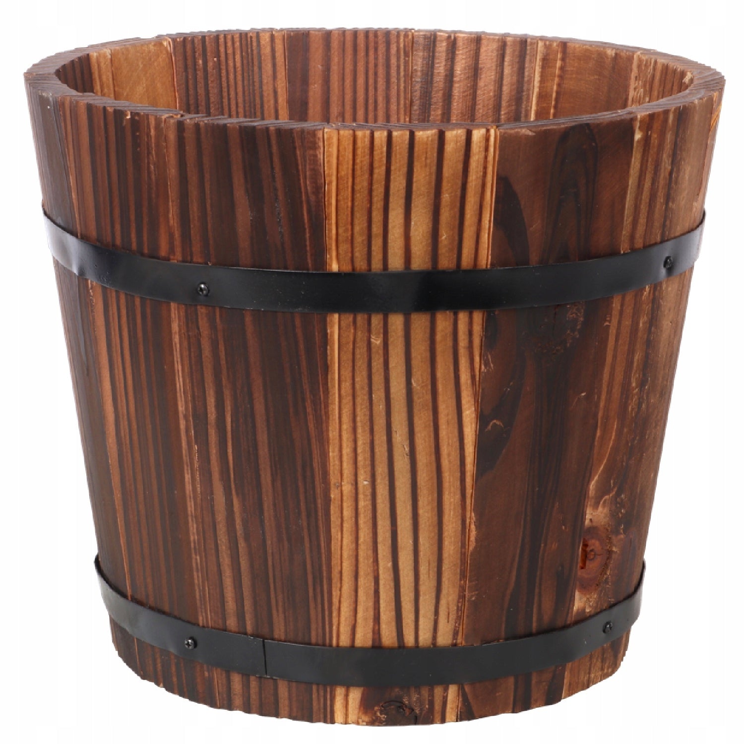 WOODEN FLOWER POT, metal rims, Goliat flower pot