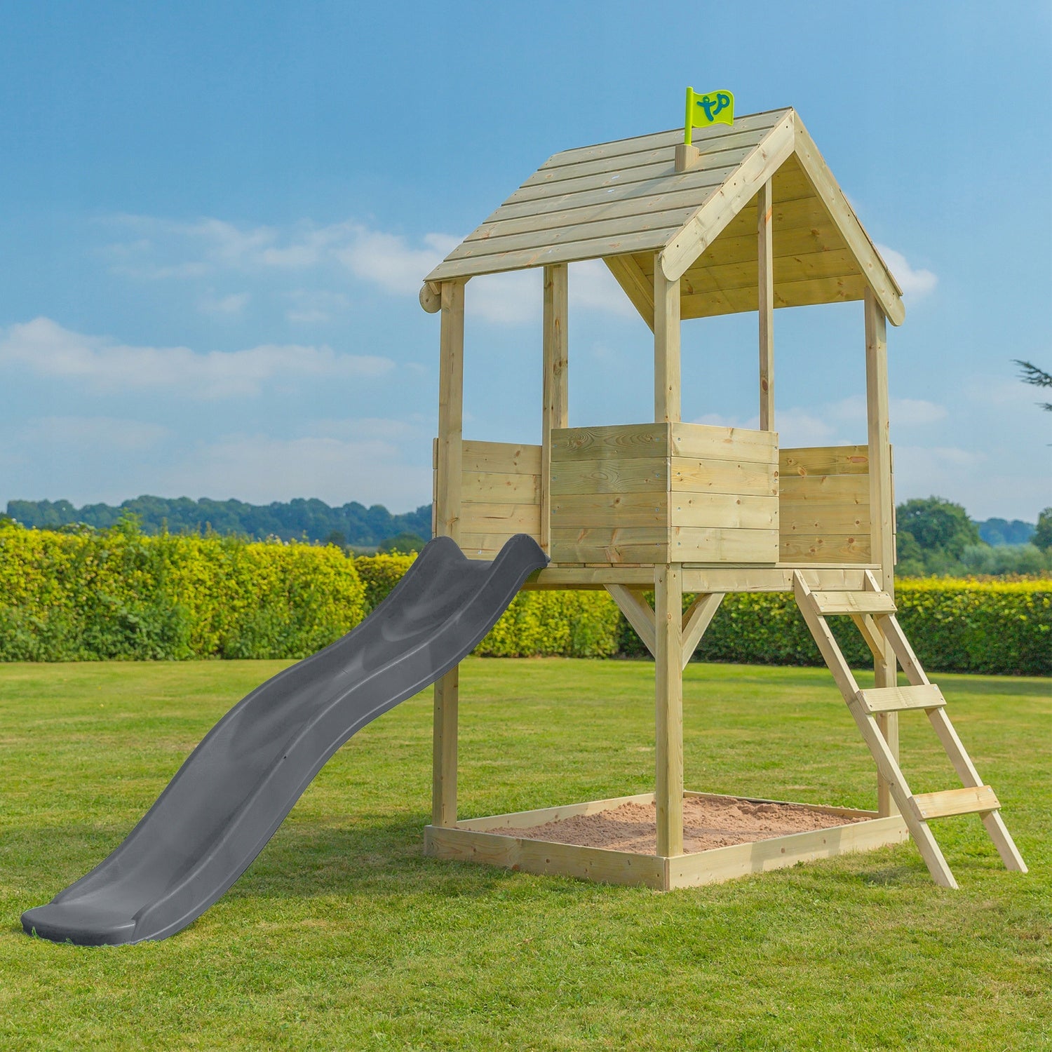 WOODEN GARDEN HOUSE ON STILTS SLIDE GREY Sandbox SQUARE TOYS Included house ladder sandbox slide
