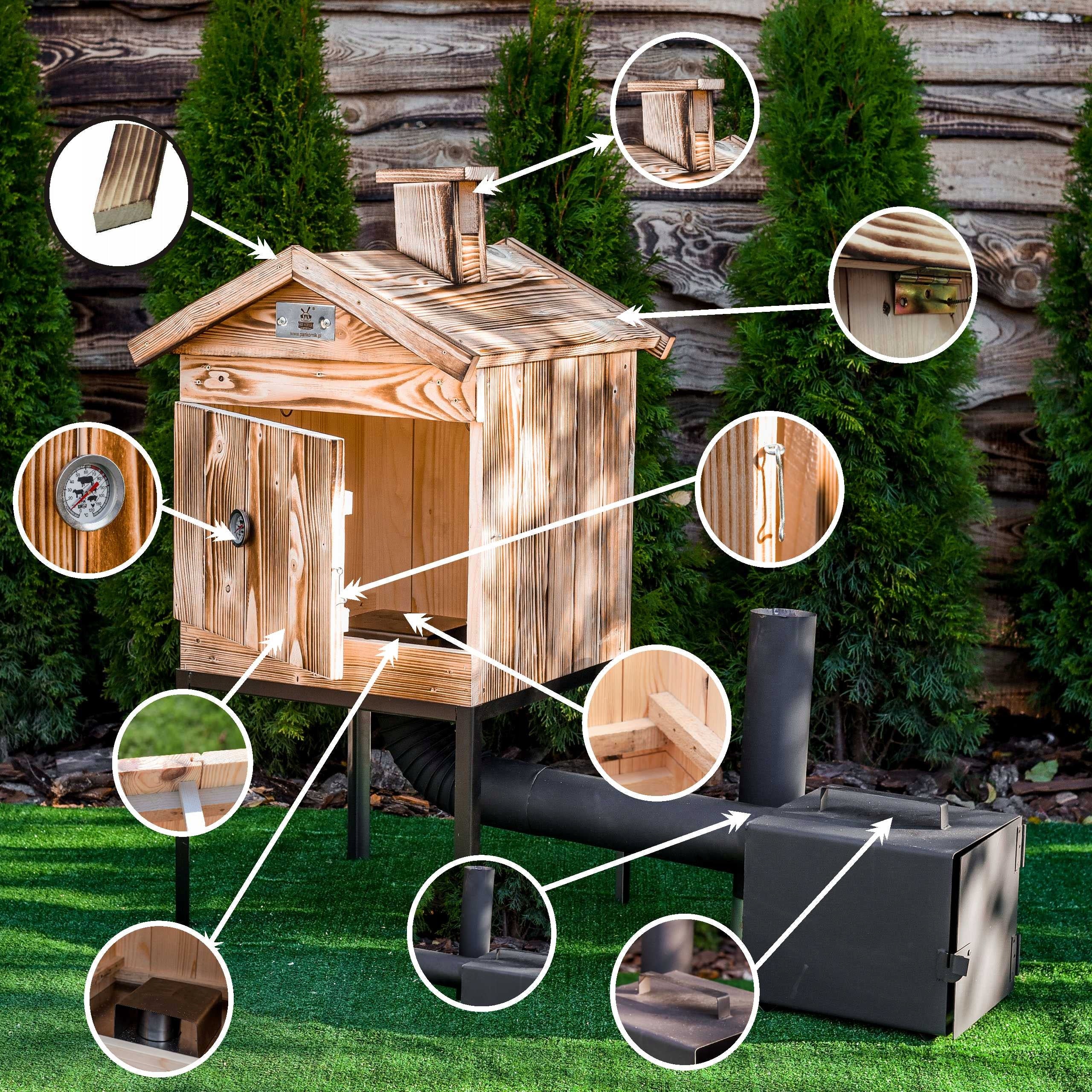 WOODEN GARDEN SMOKEHOUSE HOME SMOKER READY SET WITH WELDED STOVE Packaging status original