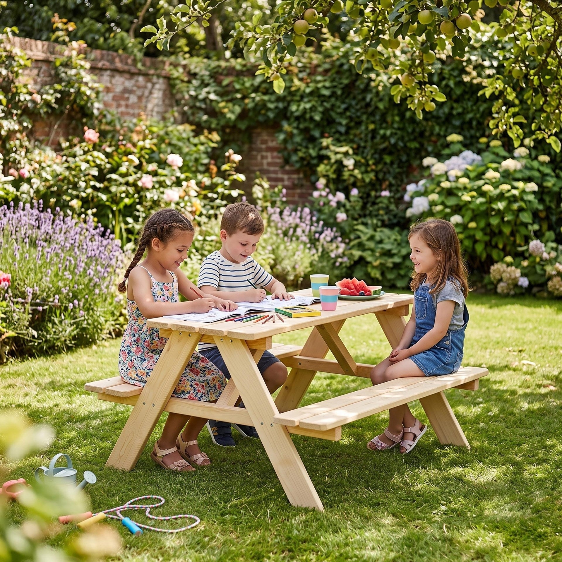WOODEN GARDEN TABLE CHILDREN'S TABLE LARGE + PICNIC BENCHES 90 cm Packaging status original