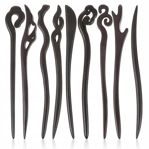 WOODEN HAIR CLIPS VINTAGE CHINESE DESIGN SET OF 9 PCS. wooden