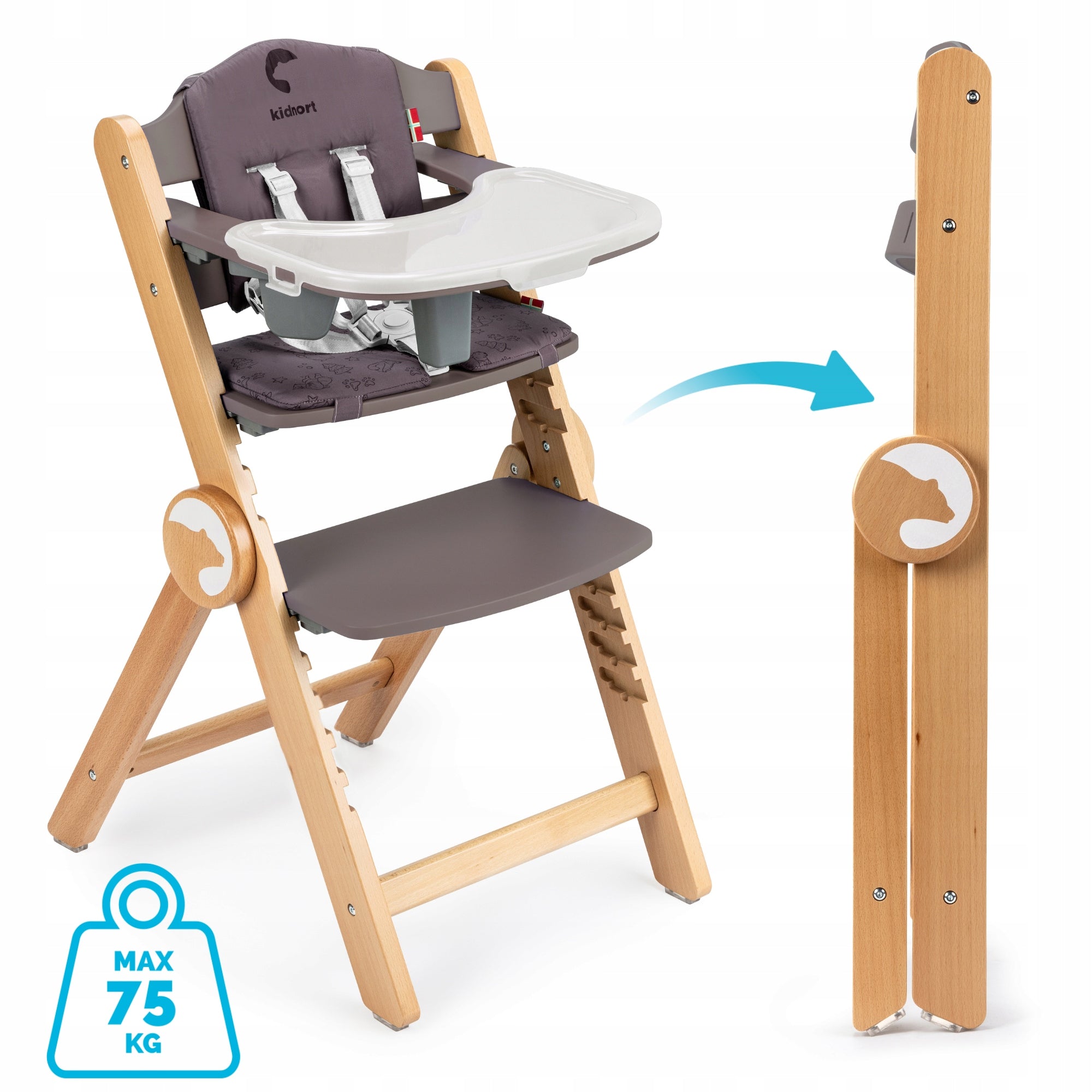 WOODEN HIGH CHAIR DRÖMMER UNIQUE DARK BROWN WITH TRAY STRAPS