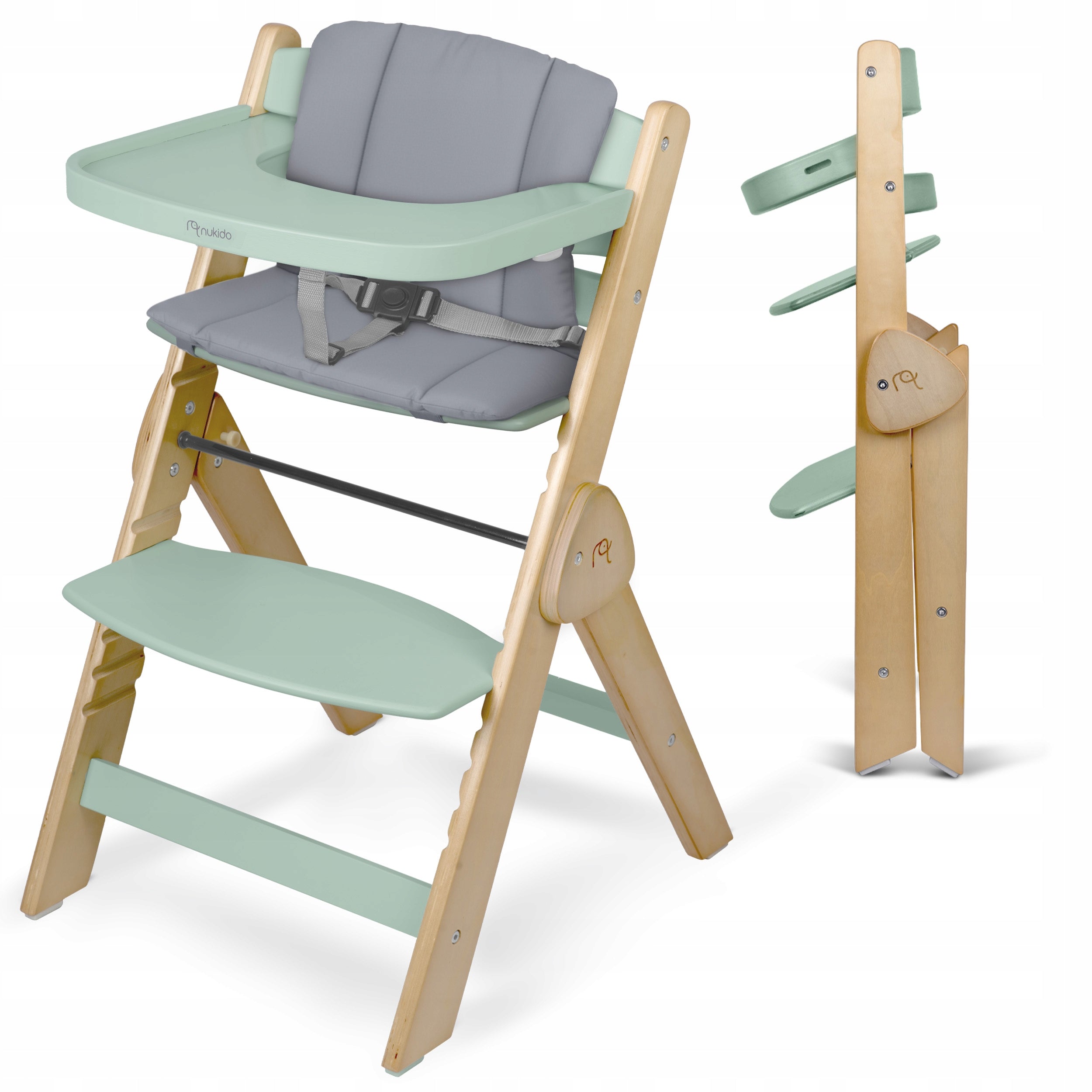 WOODEN HIGH CHAIR FOLDING ADJUSTABLE STRAPS NUKIDO Packaging status original