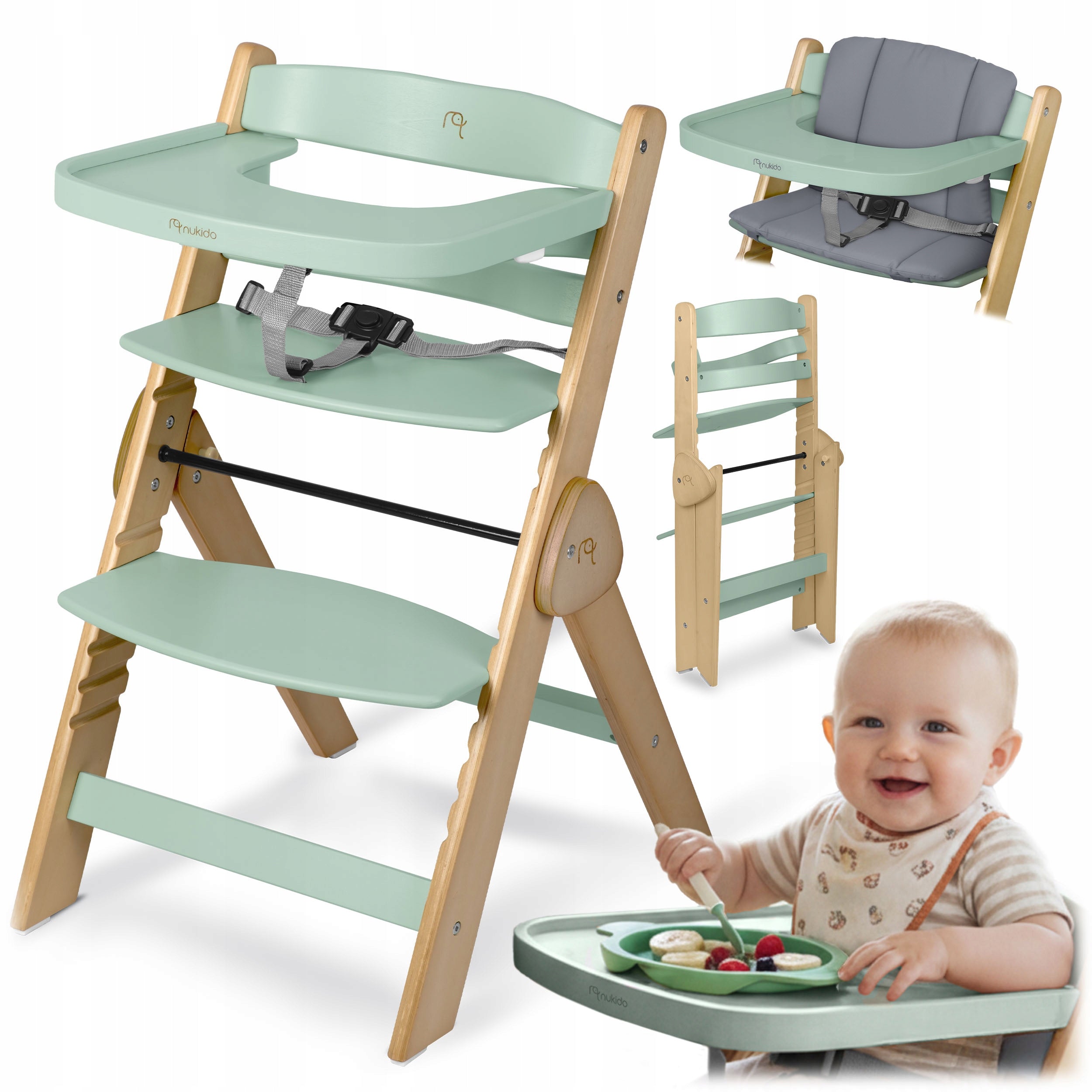 WOODEN HIGH CHAIR FOLDING ADJUSTABLE STRAPS NUKIDO