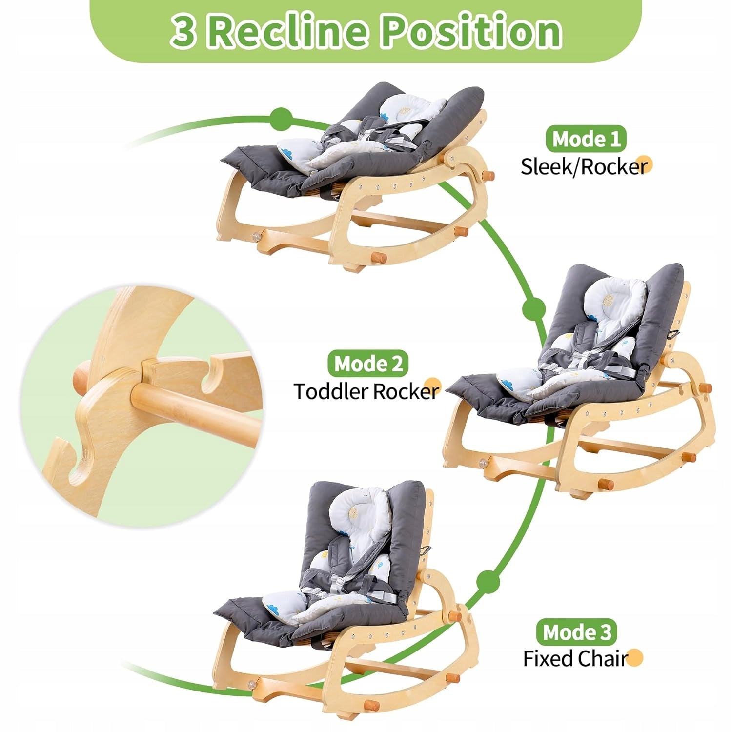 WOODEN LOUNGER, ROCKING CHAIR FOR BABIES MALLBEST 3in1. GREY. Manufacturer code TN - Moon 40