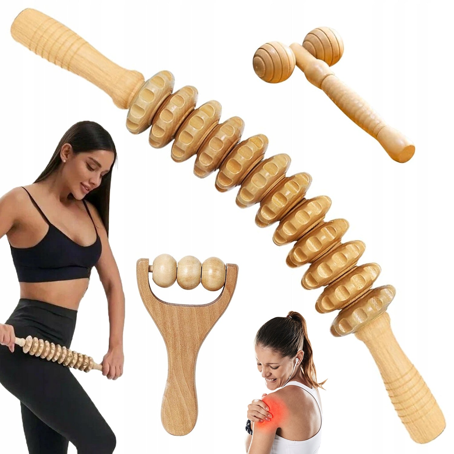 WOODEN MASSAGE ROLLER RELAXATION REHABILITATION 3 ROLLS OF BEECH