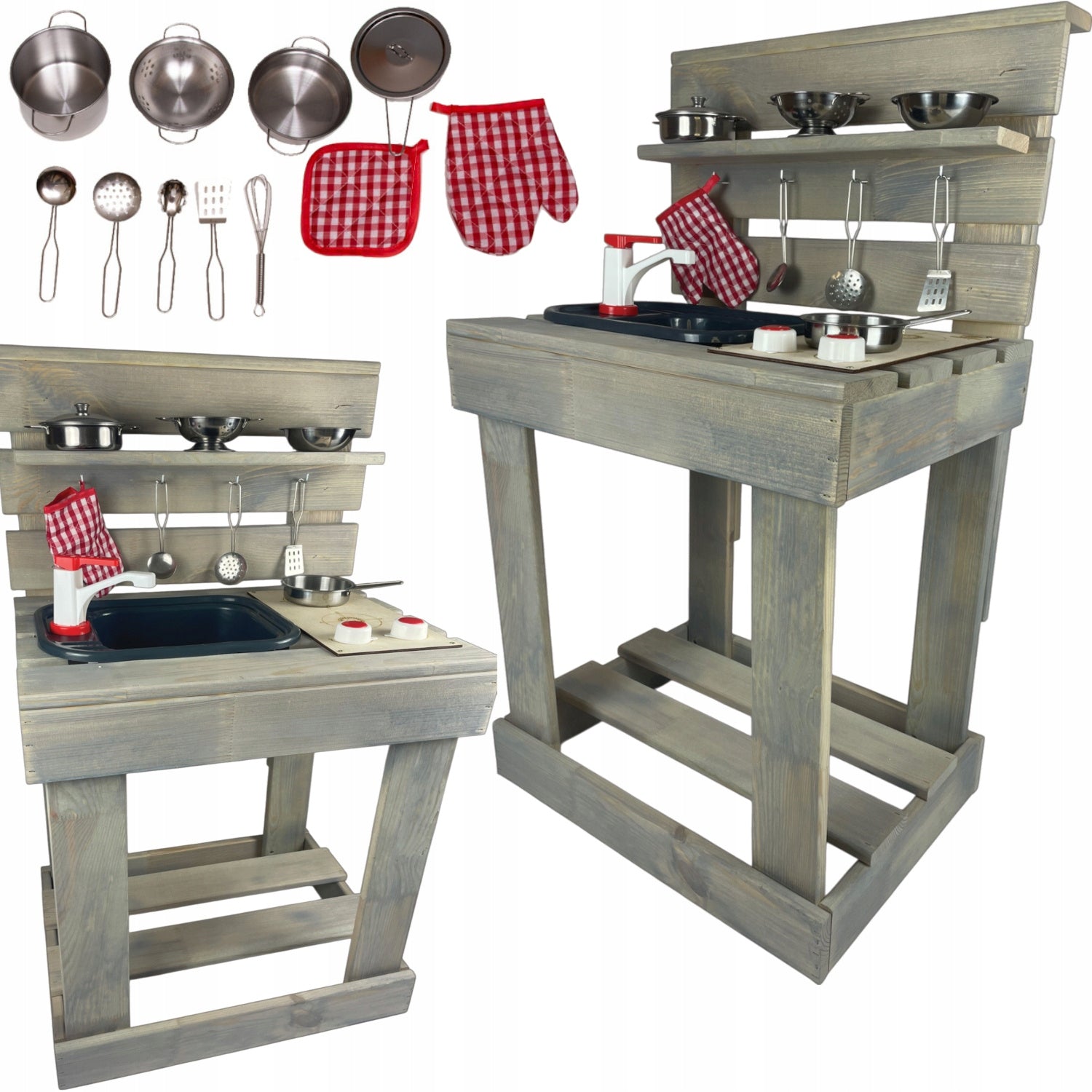 WOODEN OUTDOOR GARDEN KITCHEN MUD LARGE + STEEL DISH SET