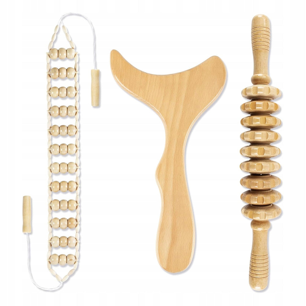 WOODEN ROLLER FOR BACK LEG MUSCLE MASSAGE ANTI-CELLULITE SET