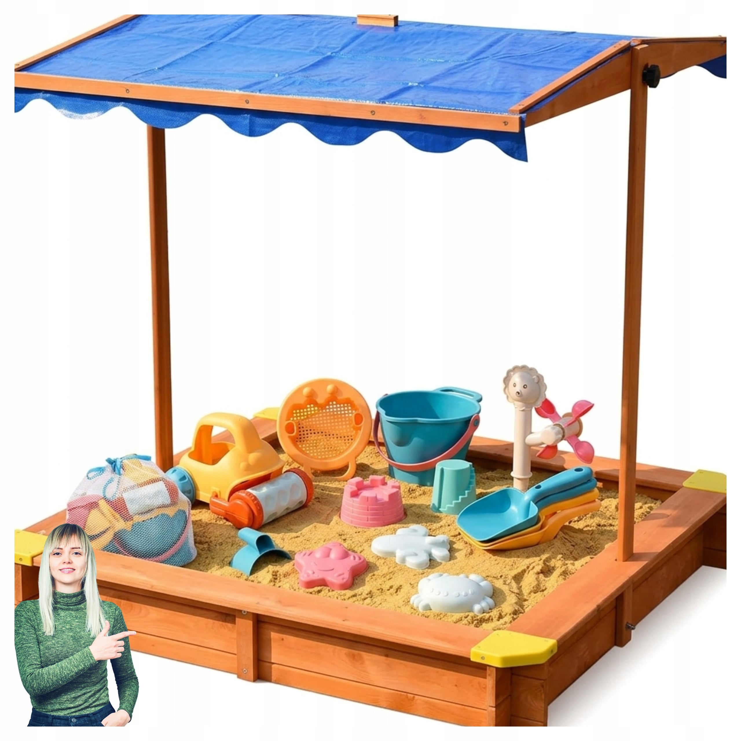 WOODEN SANDBOX 117X117 CM + 14 SAND TOYS SET