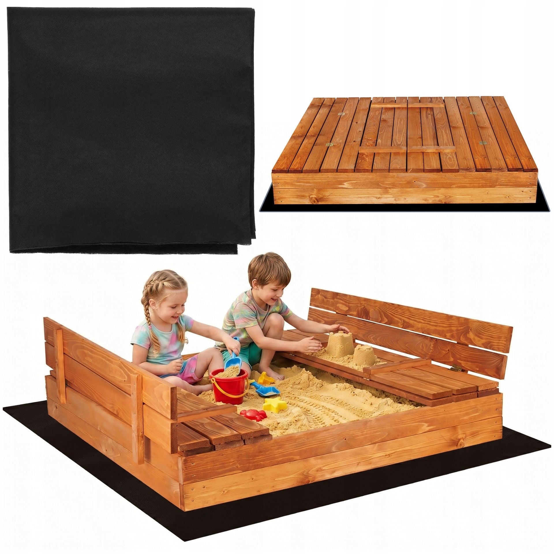 WOODEN SANDBOX CLOSED IMPREGNATED LARGE WITH BENCHES 150cm XXL+FREEBIE