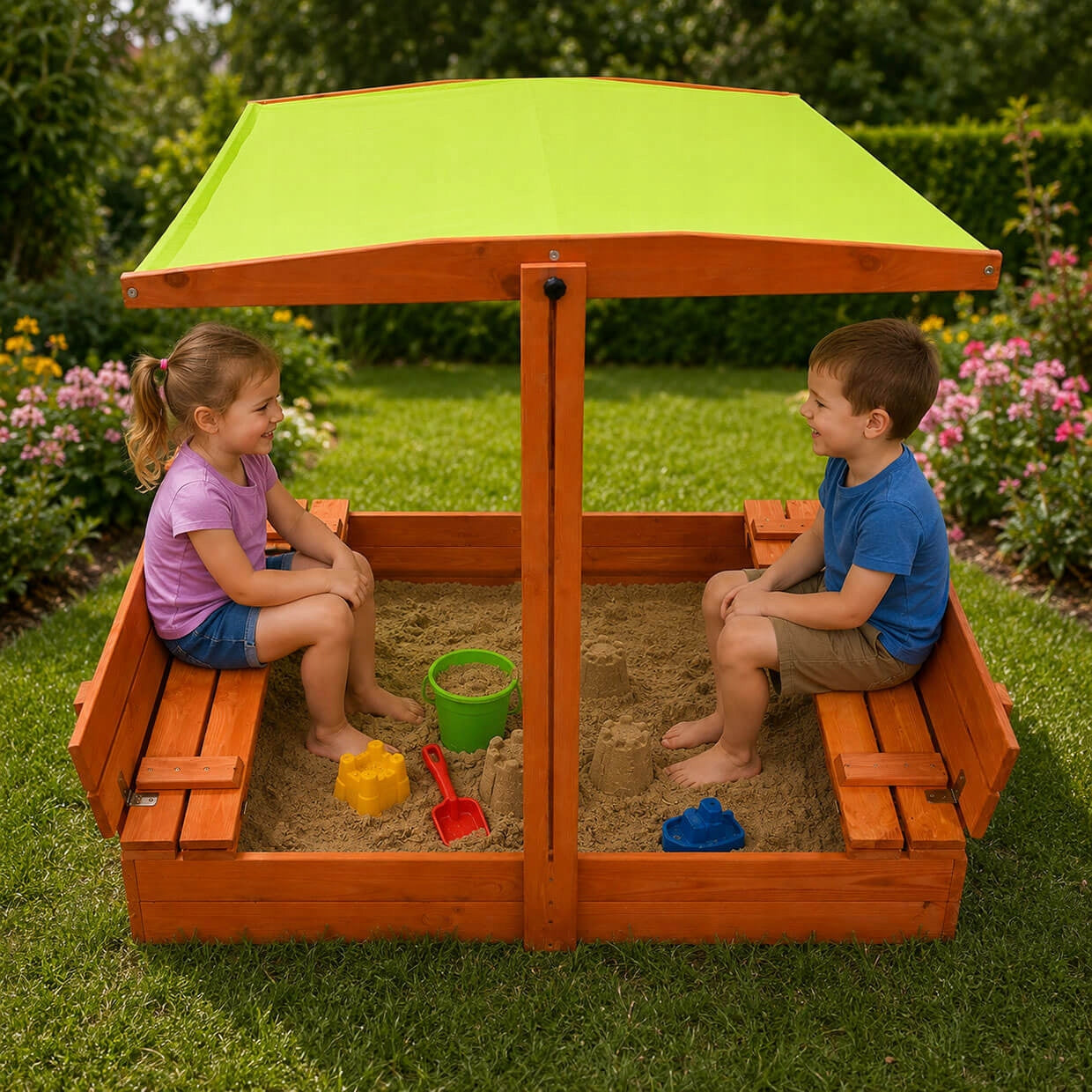WOODEN SANDBOX CLOSED WITH BENCH AND CANOPY ADJUSTABLE 120X120 CM Manufacturer code P5