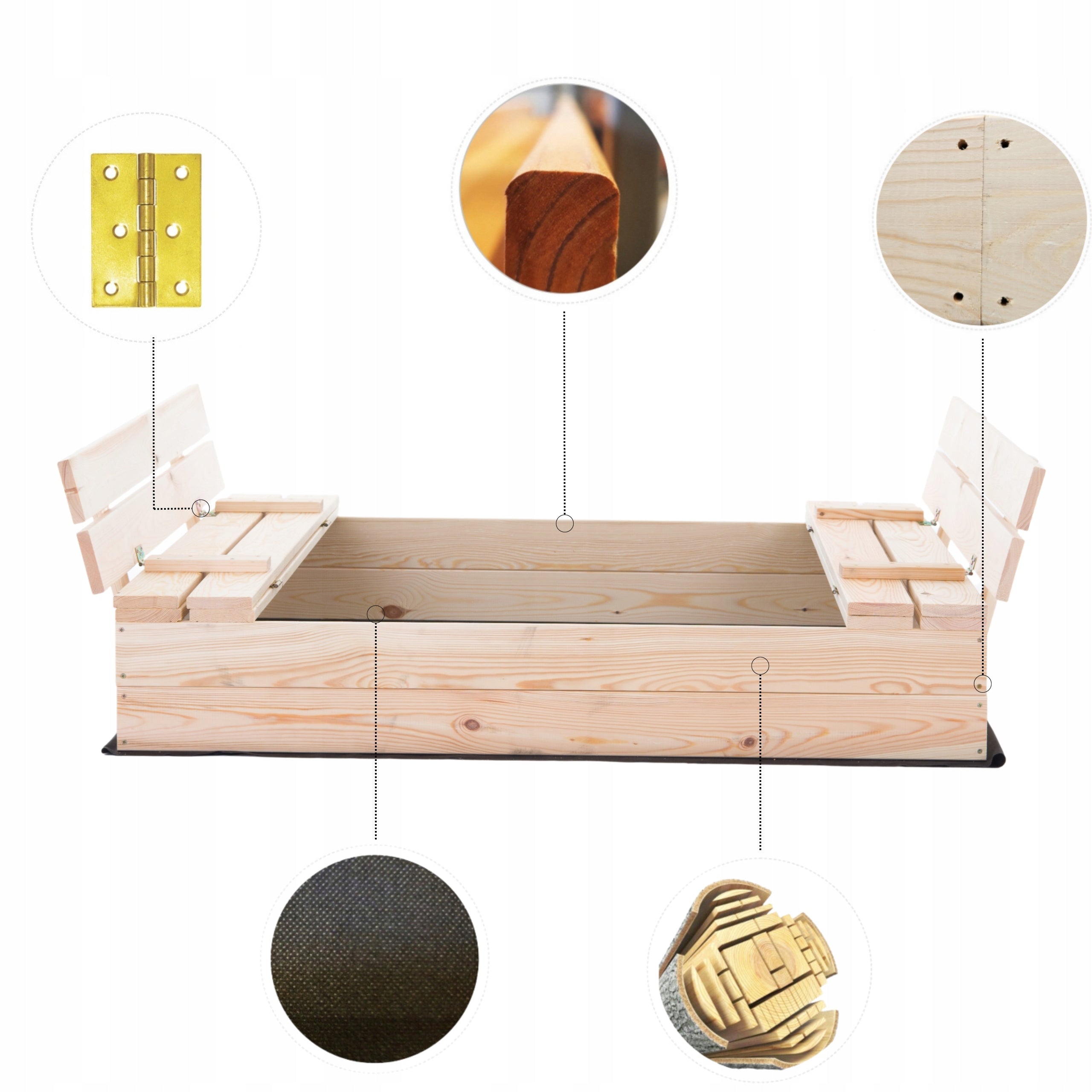 WOODEN SANDBOX CLOSED WITH BENCHES PREMIUM 120x120cm + FREEBIES Kind wooden