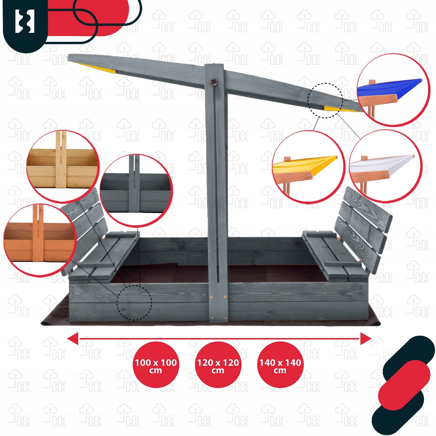 WOODEN SANDBOX FOR CHILDREN WITH BENCHES IMPREGNATED 140X140 CM Product width 140 cm