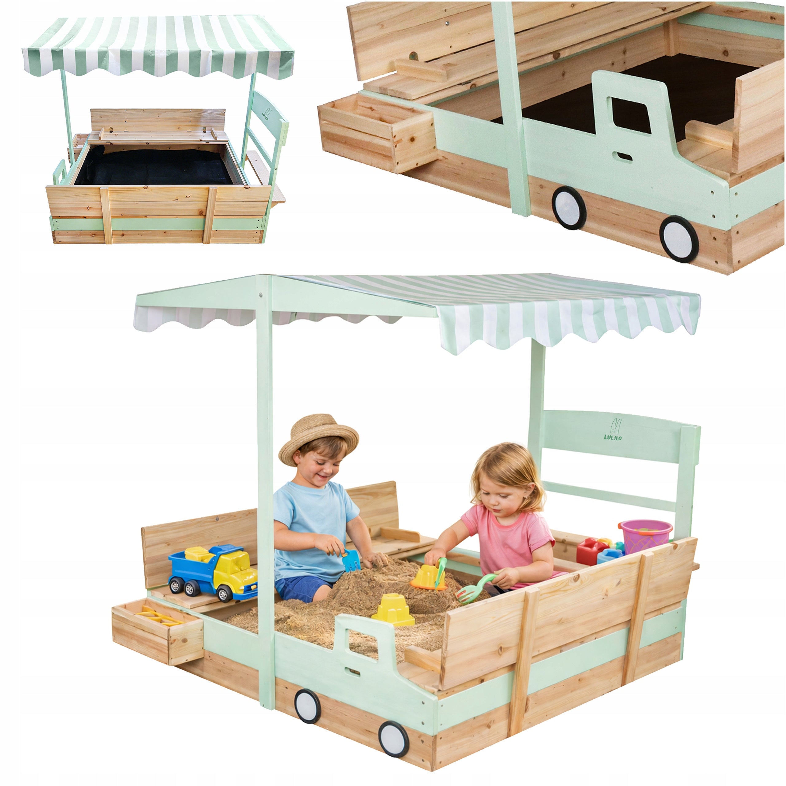 WOODEN SANDBOX FOR CHILDREN WITH CANOPY BENCHES CLOSED GARDEN 120CM Additional information sun canopy bench