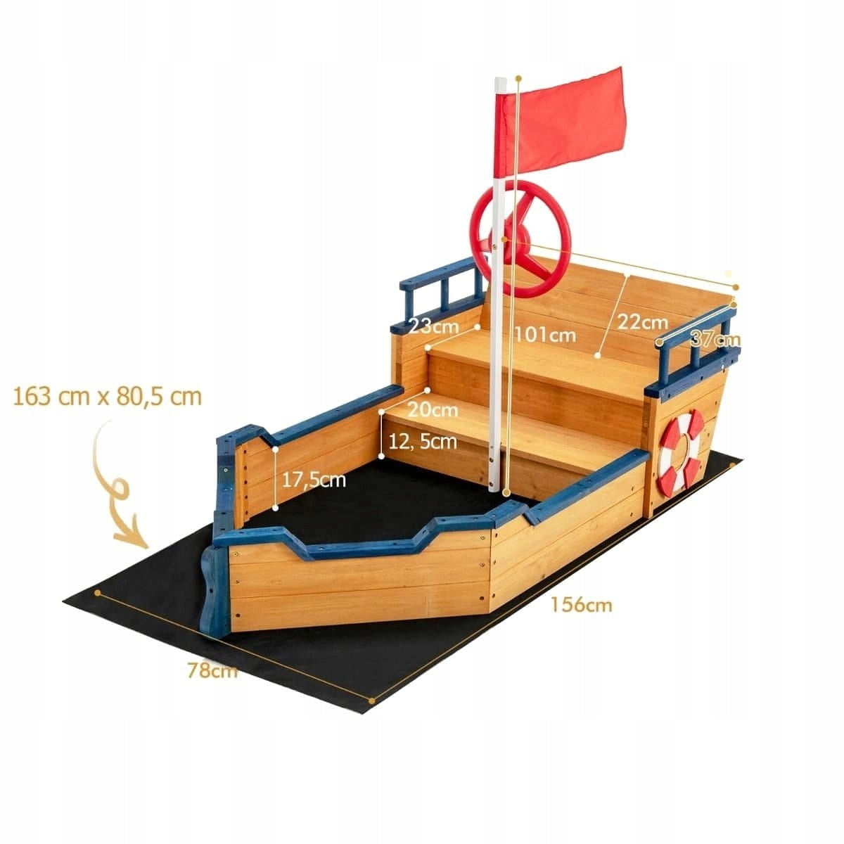 WOODEN SANDBOX PIRATE SHIP with bench 156 x 78 x 101cm WITHOUT BOTTOM Kind wooden