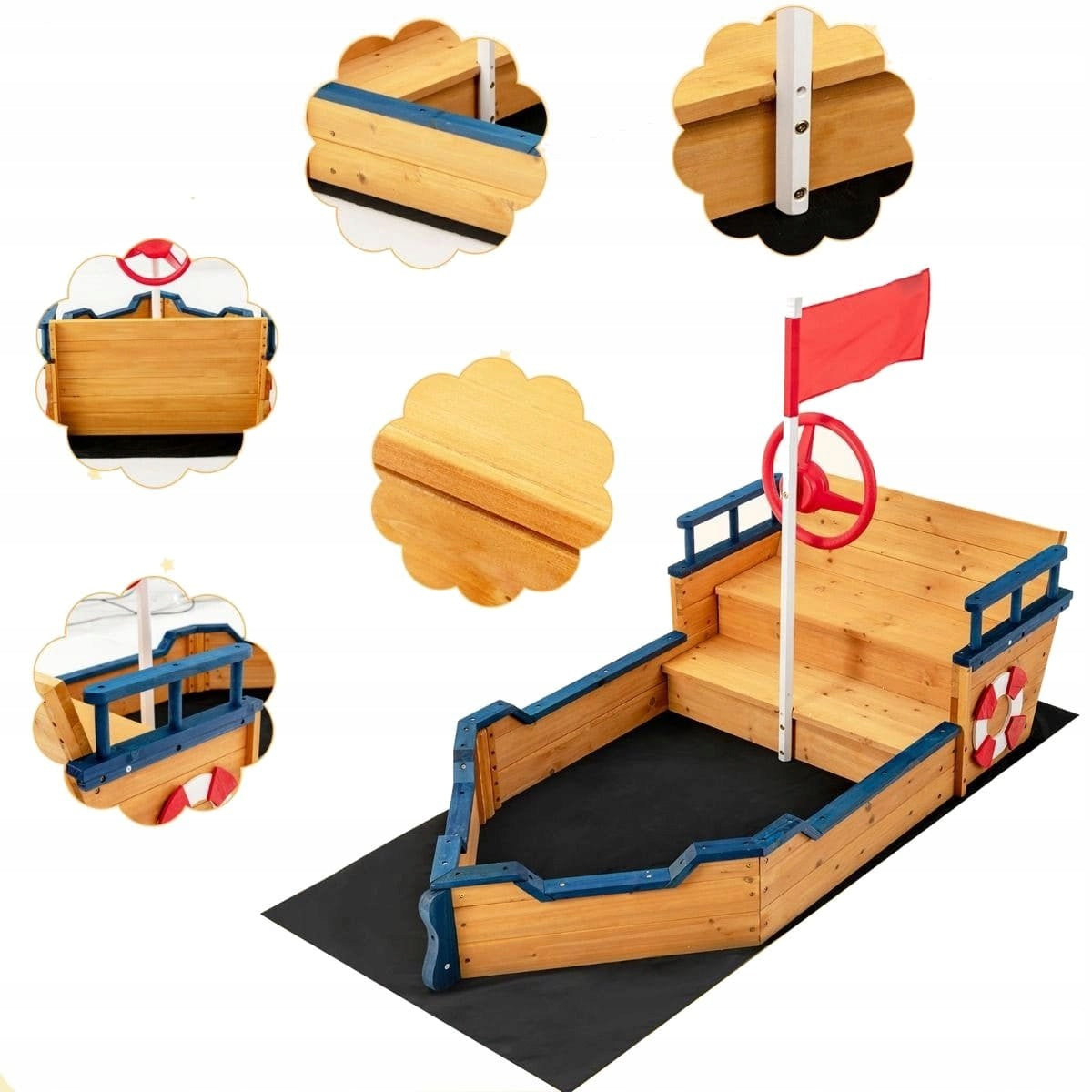 WOODEN SANDBOX PIRATE SHIP with bench 156 x 78 x 101cm WITHOUT BOTTOM