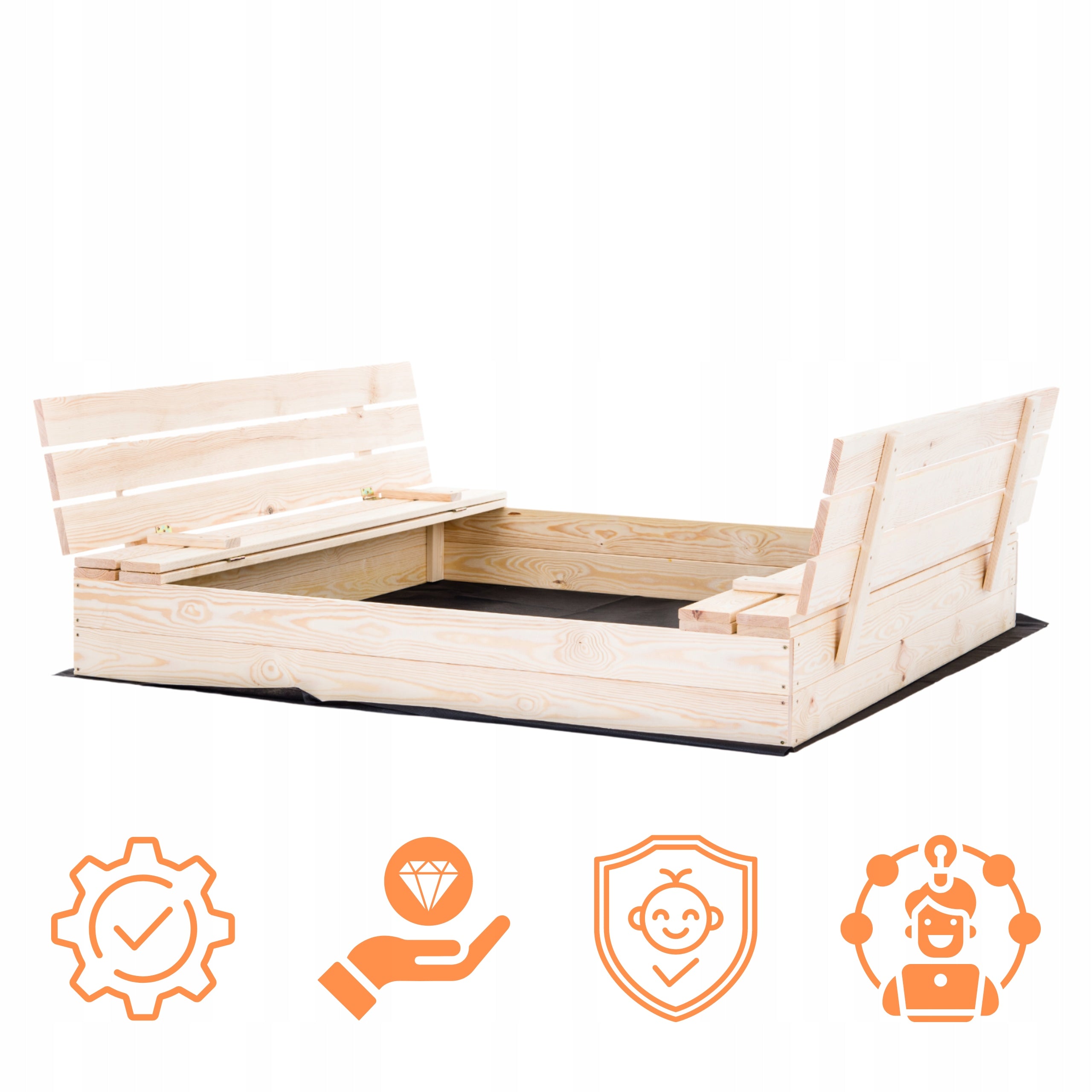 WOODEN SANDBOX WITH BENCHES CLOSED 140x140cm MANUFACTURER FREEBIES! Product width 140 cm