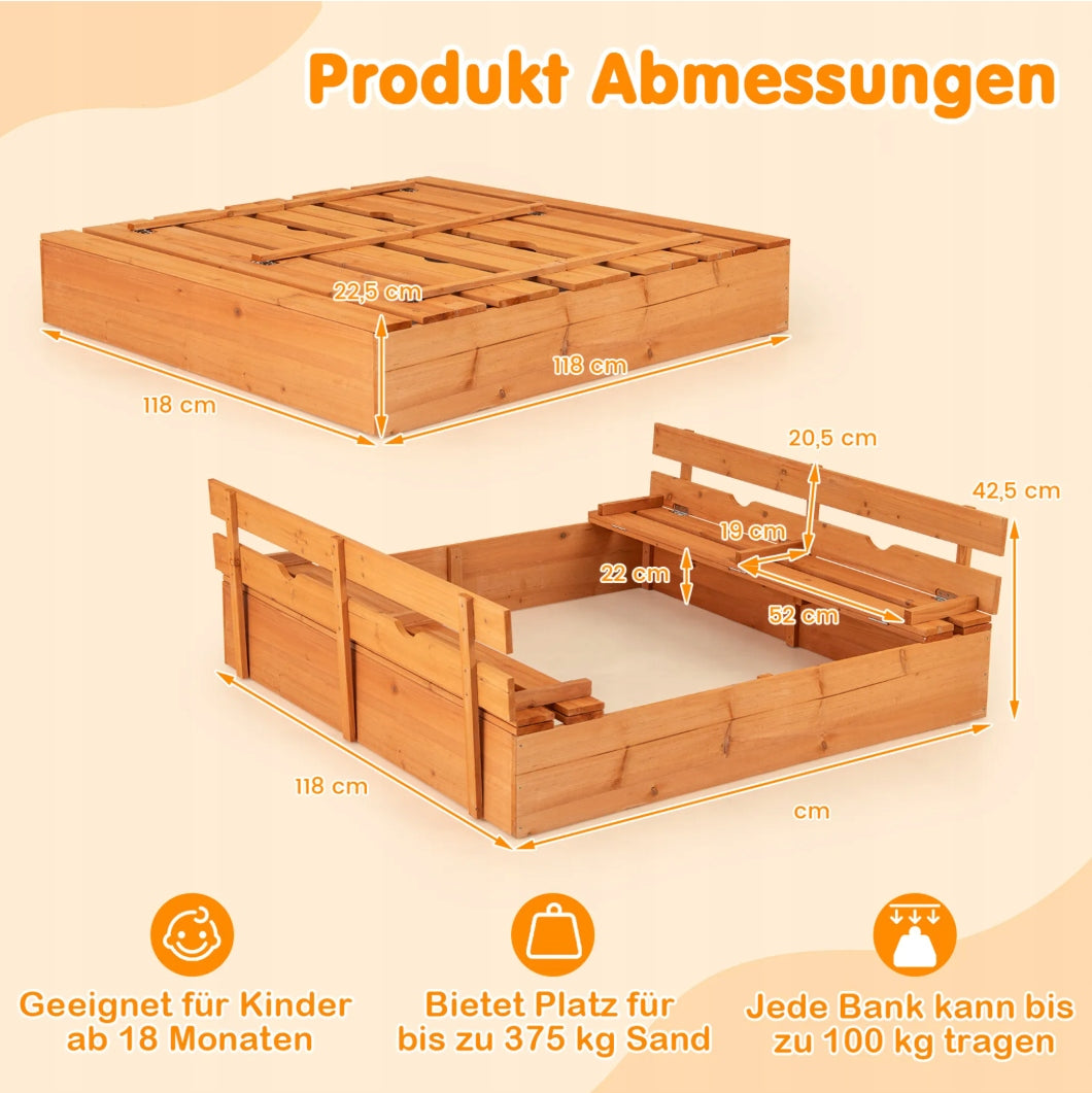WOODEN SANDBOX WITH COVER AND BENCHES FOR CHILDREN GARDEN Brand Costaway