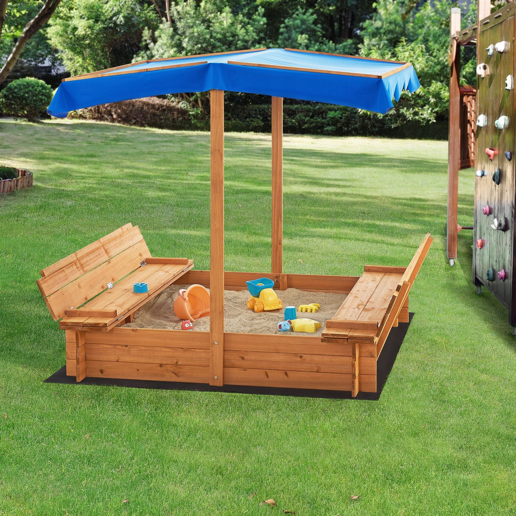 WOODEN SANDBOX WITH ROOF, FOLDING BENCHES, SAND COVER, ROOF Brand no brand