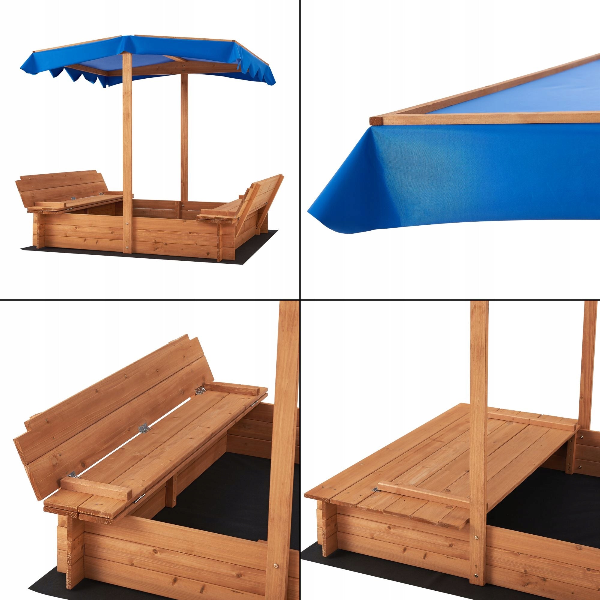 WOODEN SANDBOX WITH ROOF, FOLDING BENCHES, SAND COVER, ROOF Kid's age 2+ years