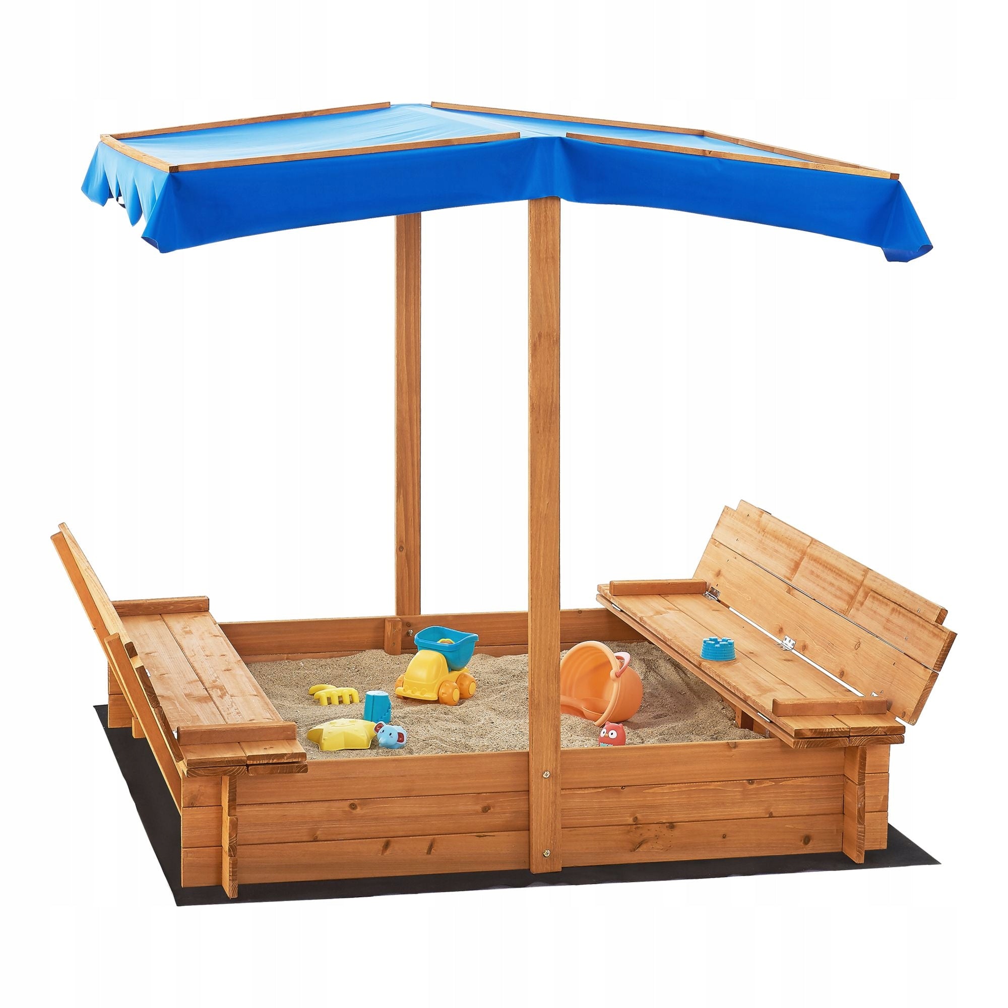 WOODEN SANDBOX WITH ROOF, FOLDING BENCHES, SAND COVER, ROOF