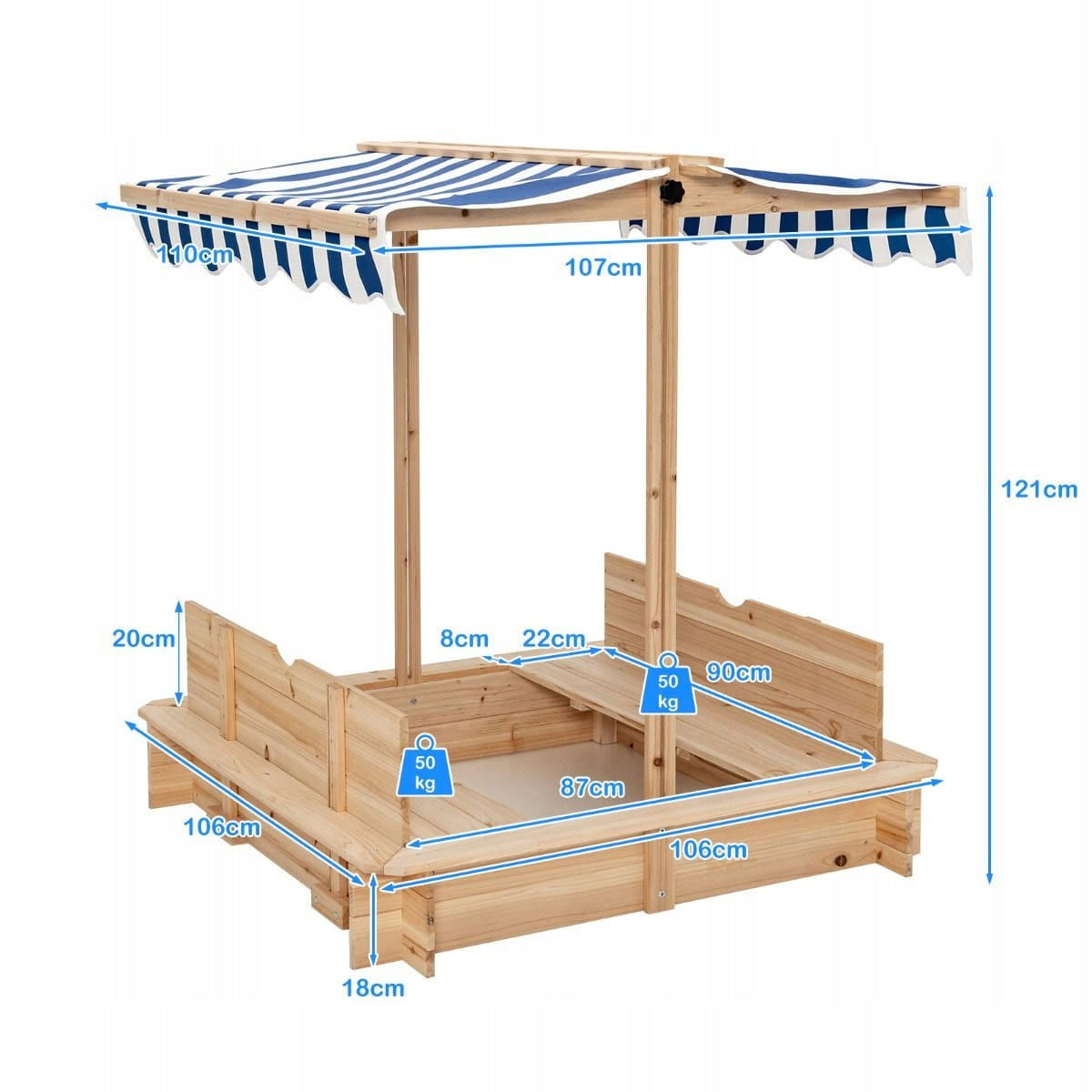 WOODEN SANDBOX WITH VISOR AND BENCHES 107x110x121cm FOR CHILDREN Brand no brand