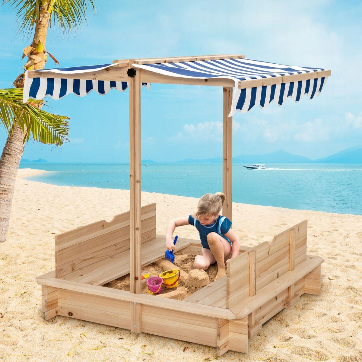 WOODEN SANDBOX WITH VISOR AND BENCHES 107x110x121cm FOR CHILDREN Kind wooden