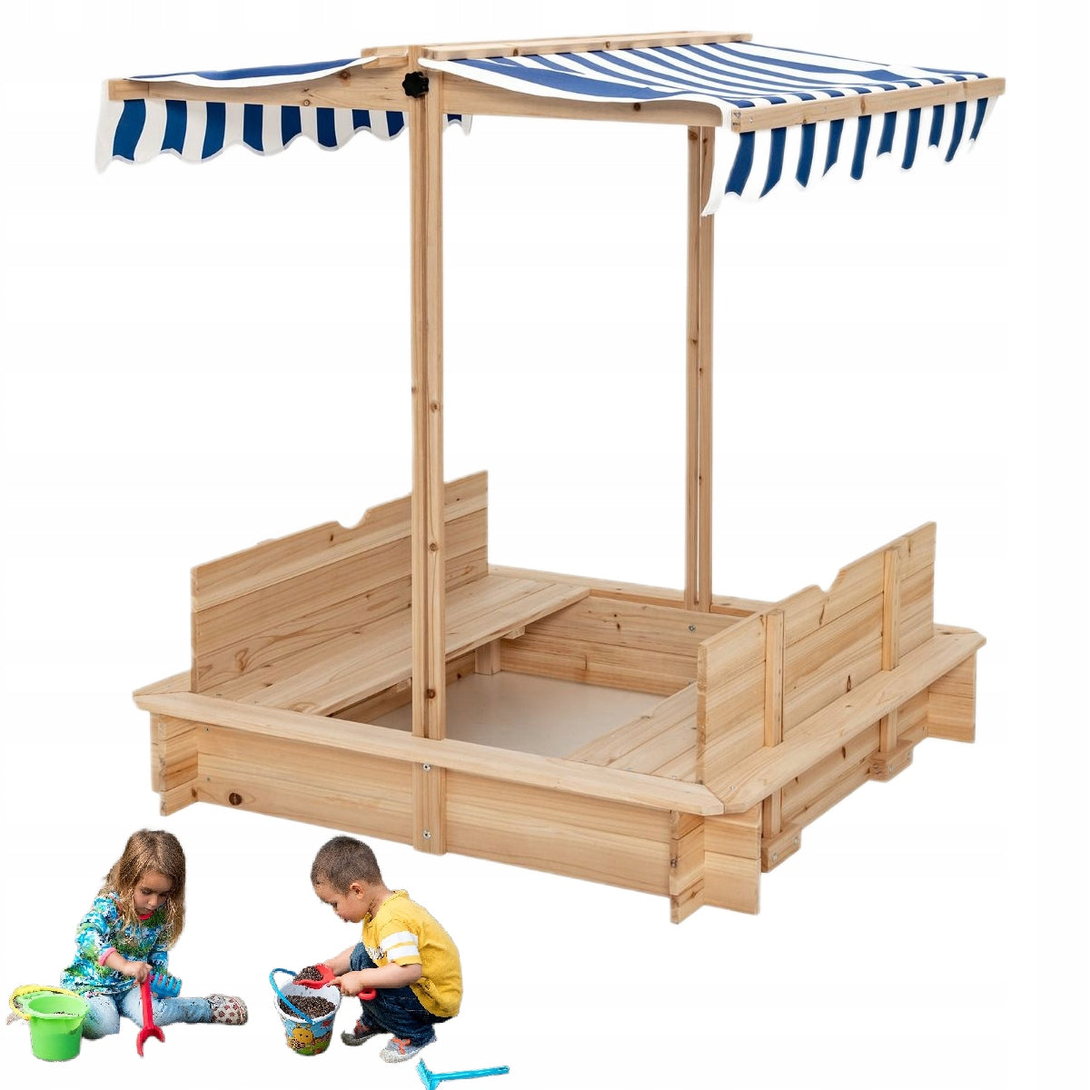 WOODEN SANDBOX WITH VISOR AND BENCHES 107x110x121cm FOR CHILDREN