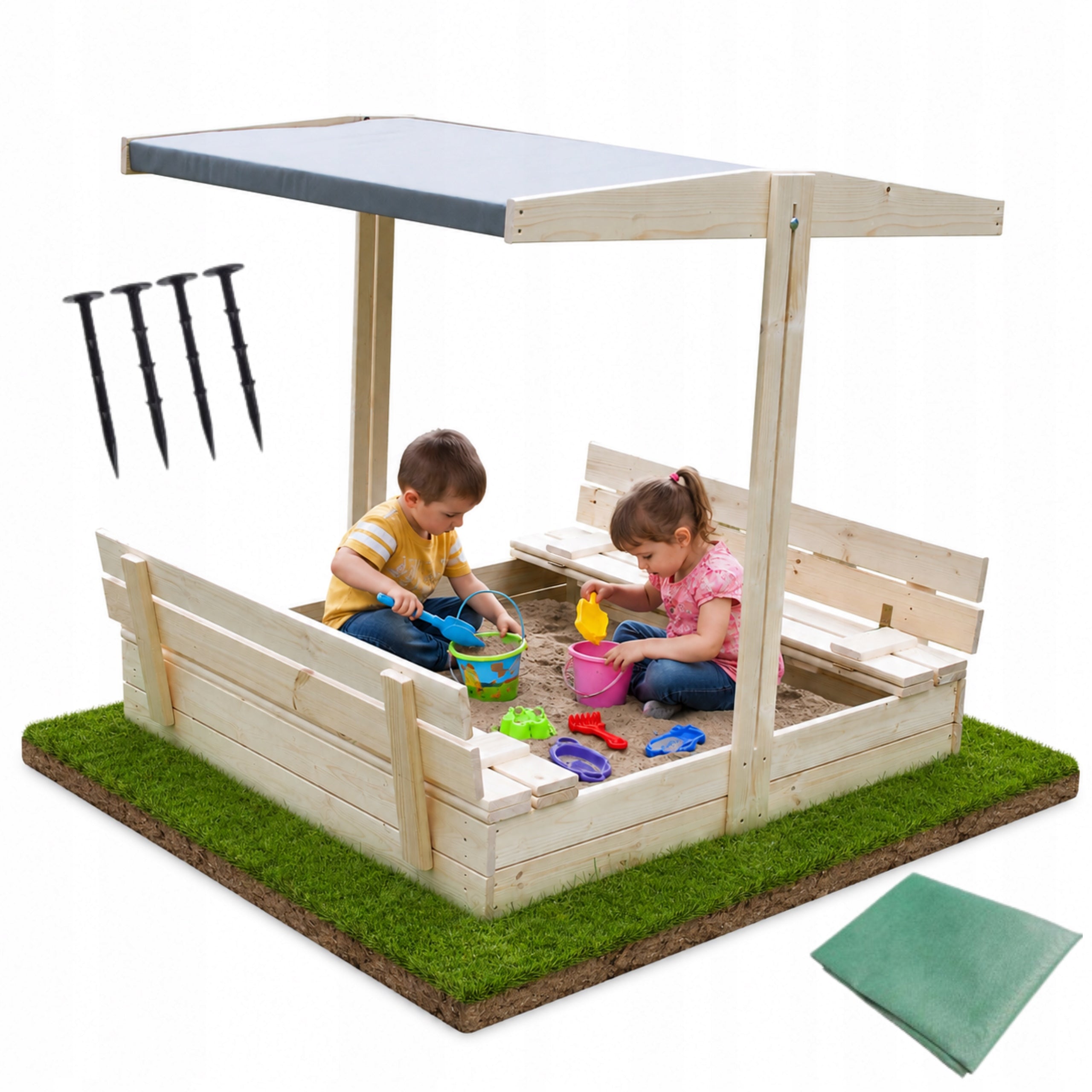 WOODEN SANDBOX, solid, closed, with a roof, 120 cm + freebies