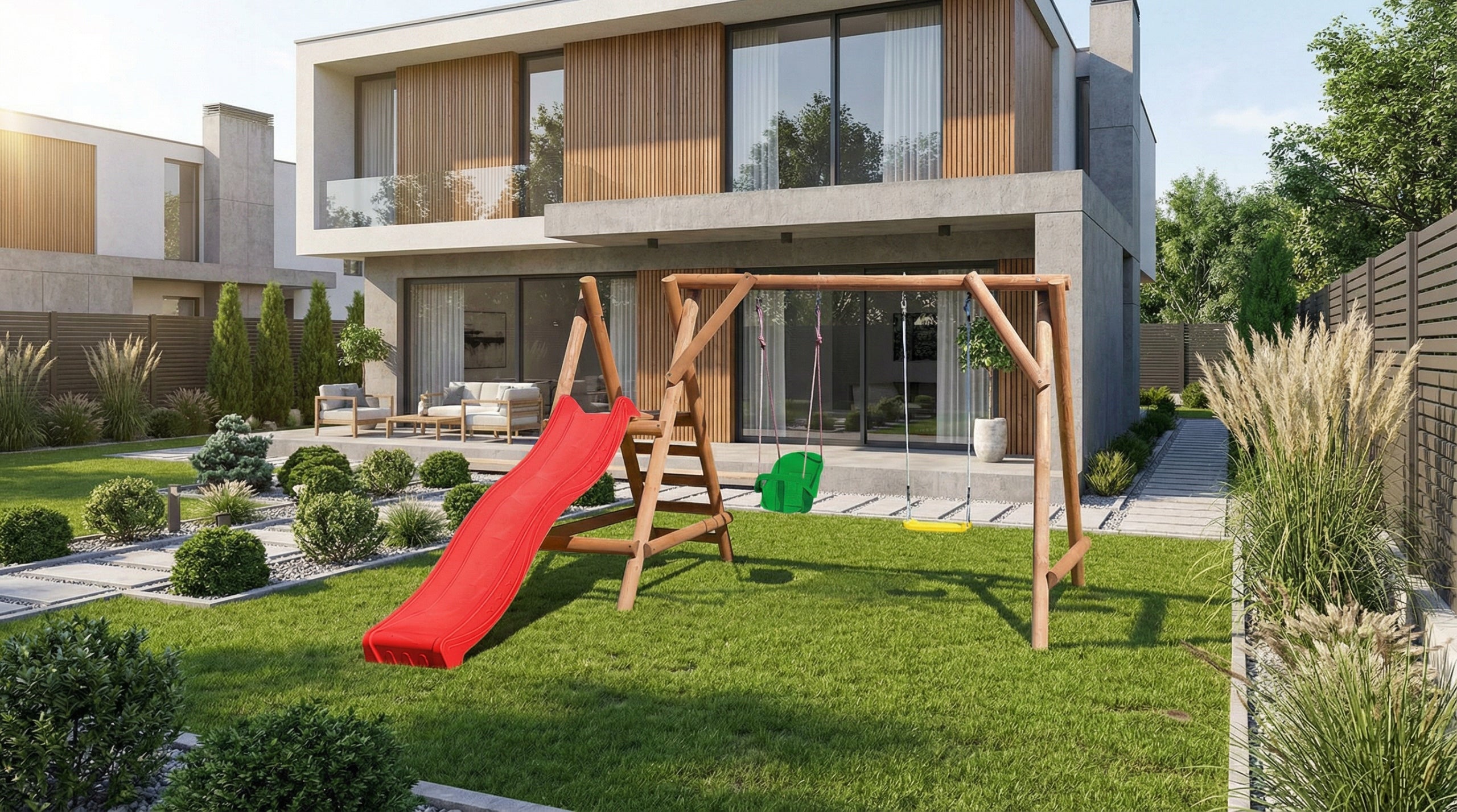 WOODEN SQUARE TOYS FOR GARDEN MINI IMPREGNATED SLIDE 2 SWINGS Kind wooden