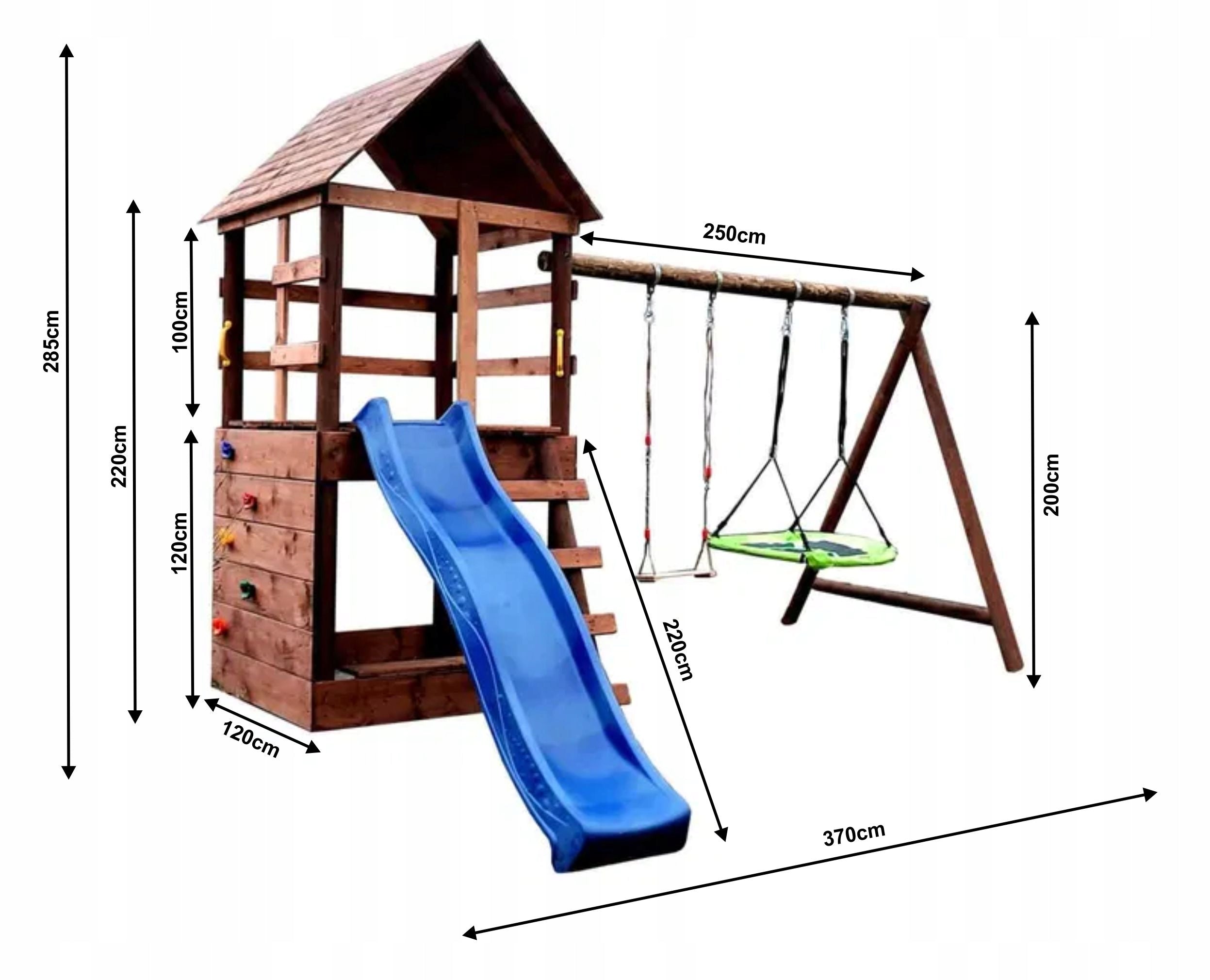 WOODEN SQUARE TOYS FOR GARDEN WITH COTTAGE IMPREGNATED,SLIDE 2SWINGS Included 2 single swings house climbing wall slide other