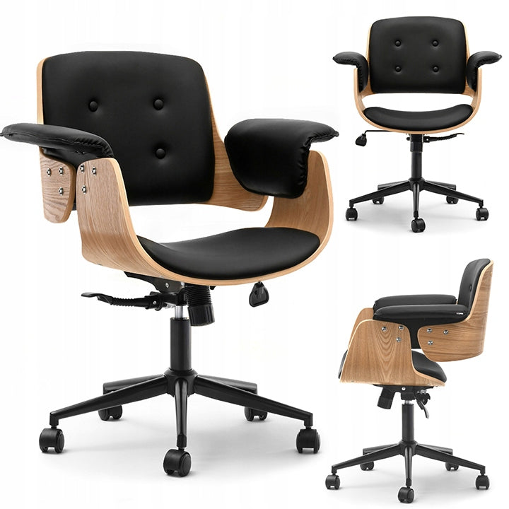 WOODEN SWIVEL CHAIR DUCK OAK GOLD FAUX LEATHER BLACK BASE BLACK